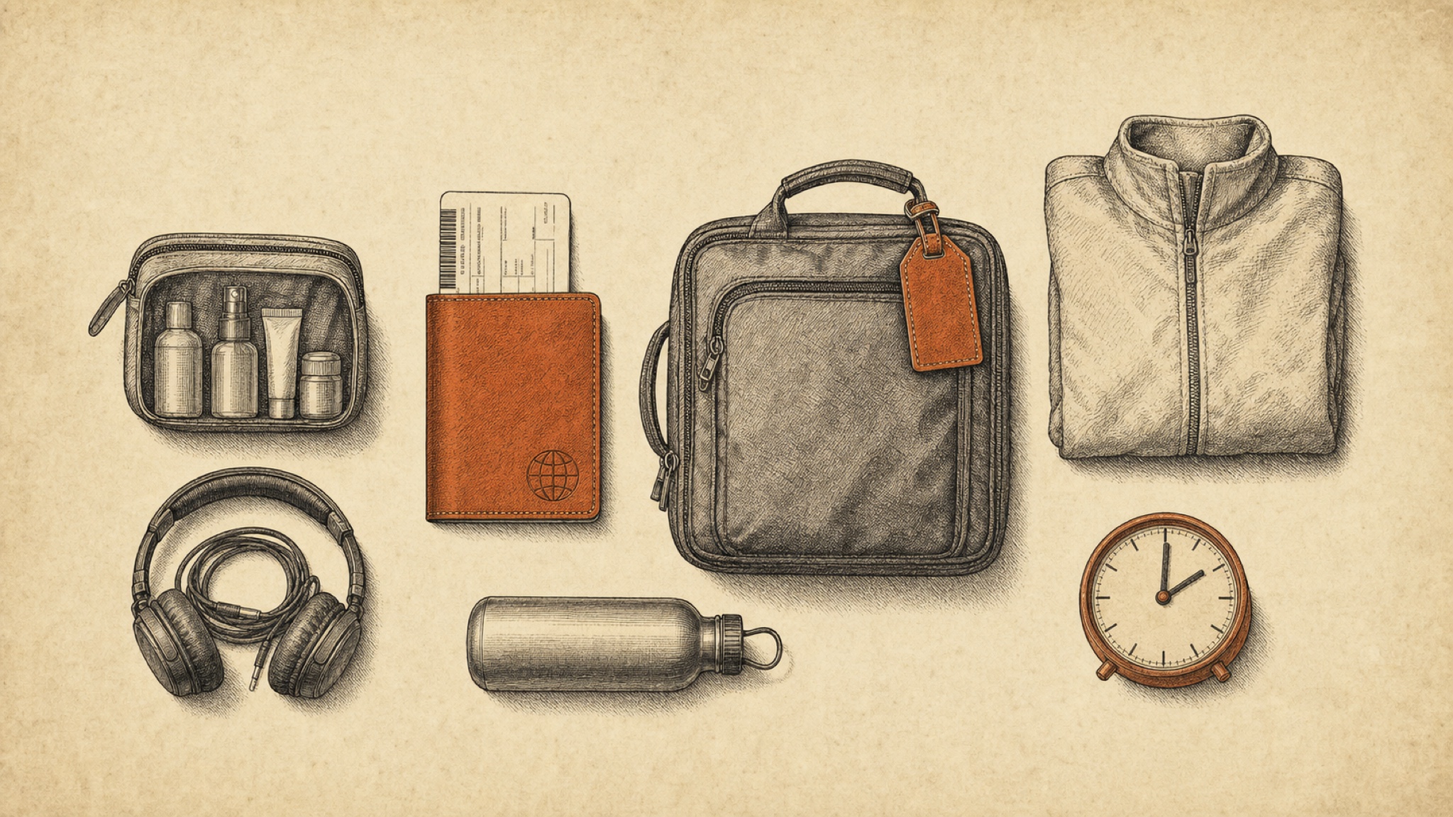 A tidy top-down flat-lay of pre-flight essentials on a wooden table: a passport with a boarding pass, a clear liquids pouch, a packed carry-on with a luggage tag, a folded jacket, coiled headphones, a water bottle, and a small travel clock