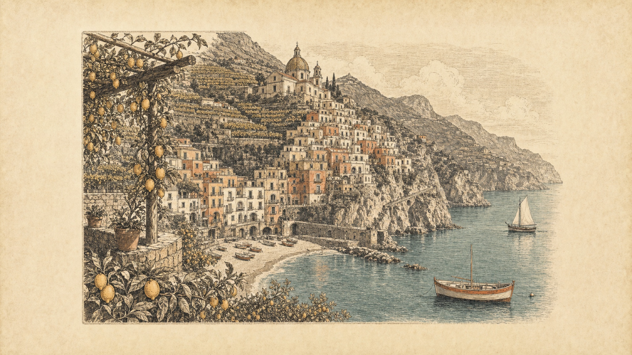 A vintage etching of an Amalfi Coast town: pastel houses cascading down a steep cliff to a small crescent beach and harbor, terraced lemon groves above with a pergola of lemons, and boats on the turquoise water