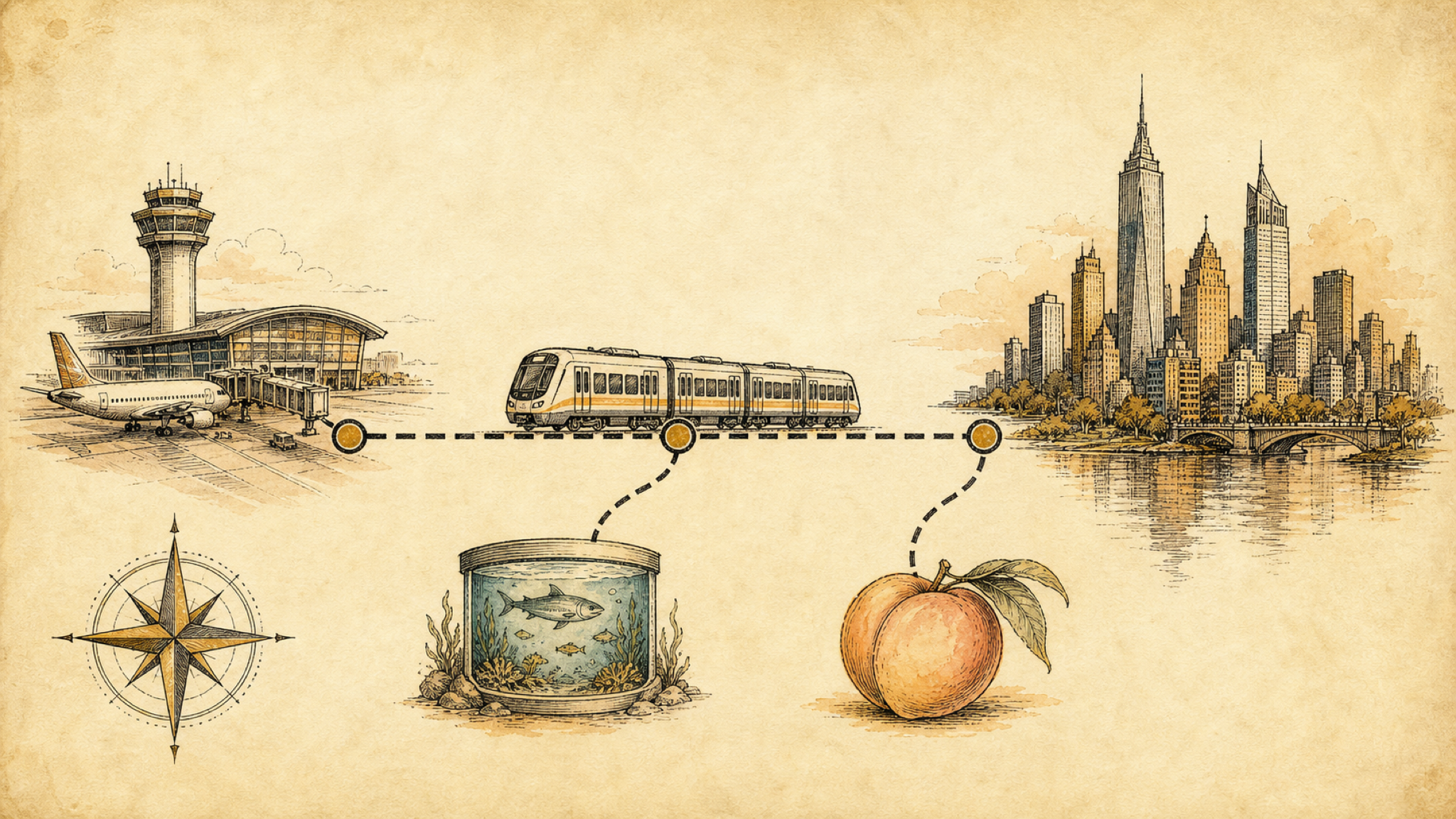 A vintage field-guide transit diagram: a rail line runs from the airport terminal past station stops to the downtown skyline, with an aquarium and a peach branching off.