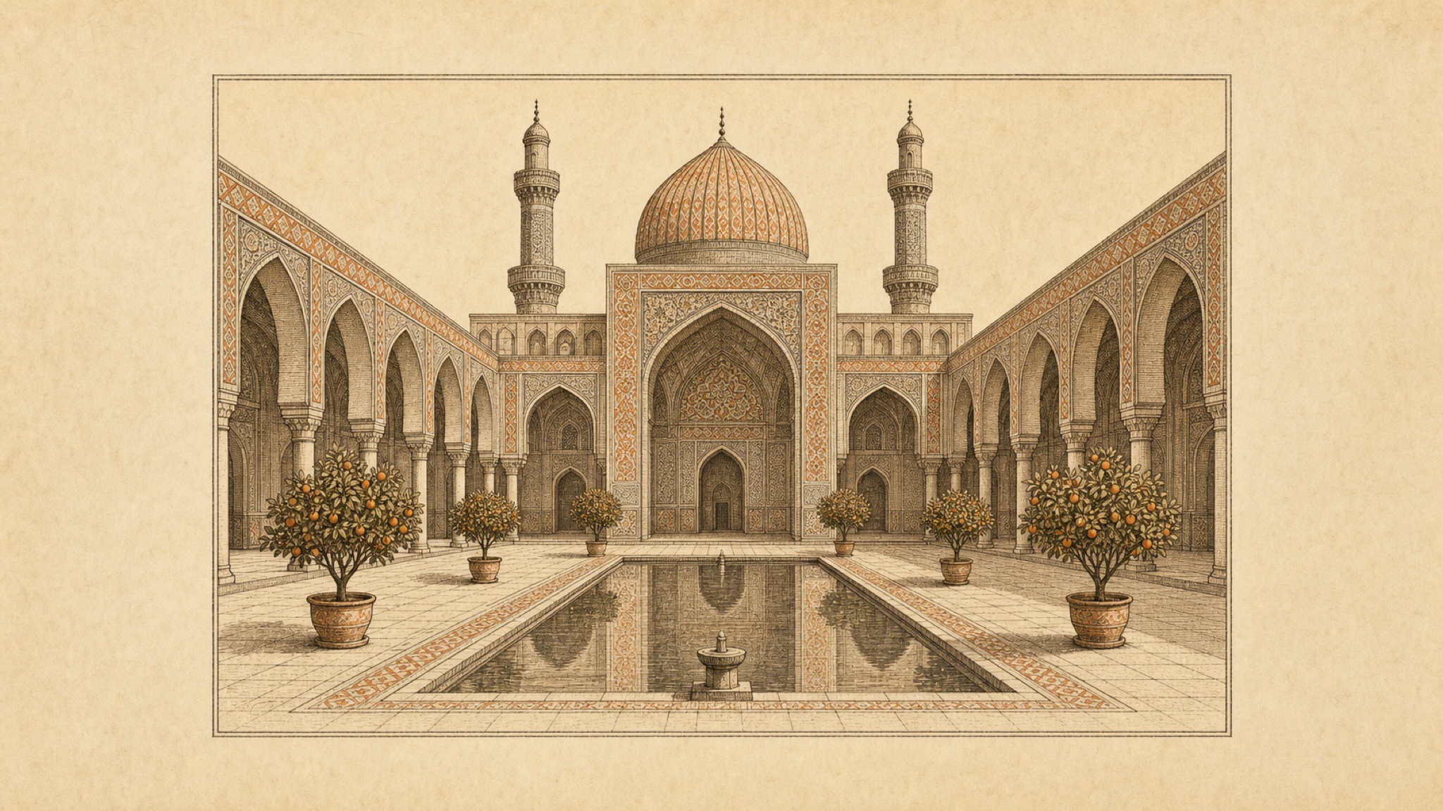 A vintage etching of a serene, empty Islamic courtyard: rows of pointed arches with geometric tilework, a central reflecting pool with a fountain, potted orange trees, and a ribbed dome flanked by two minarets
