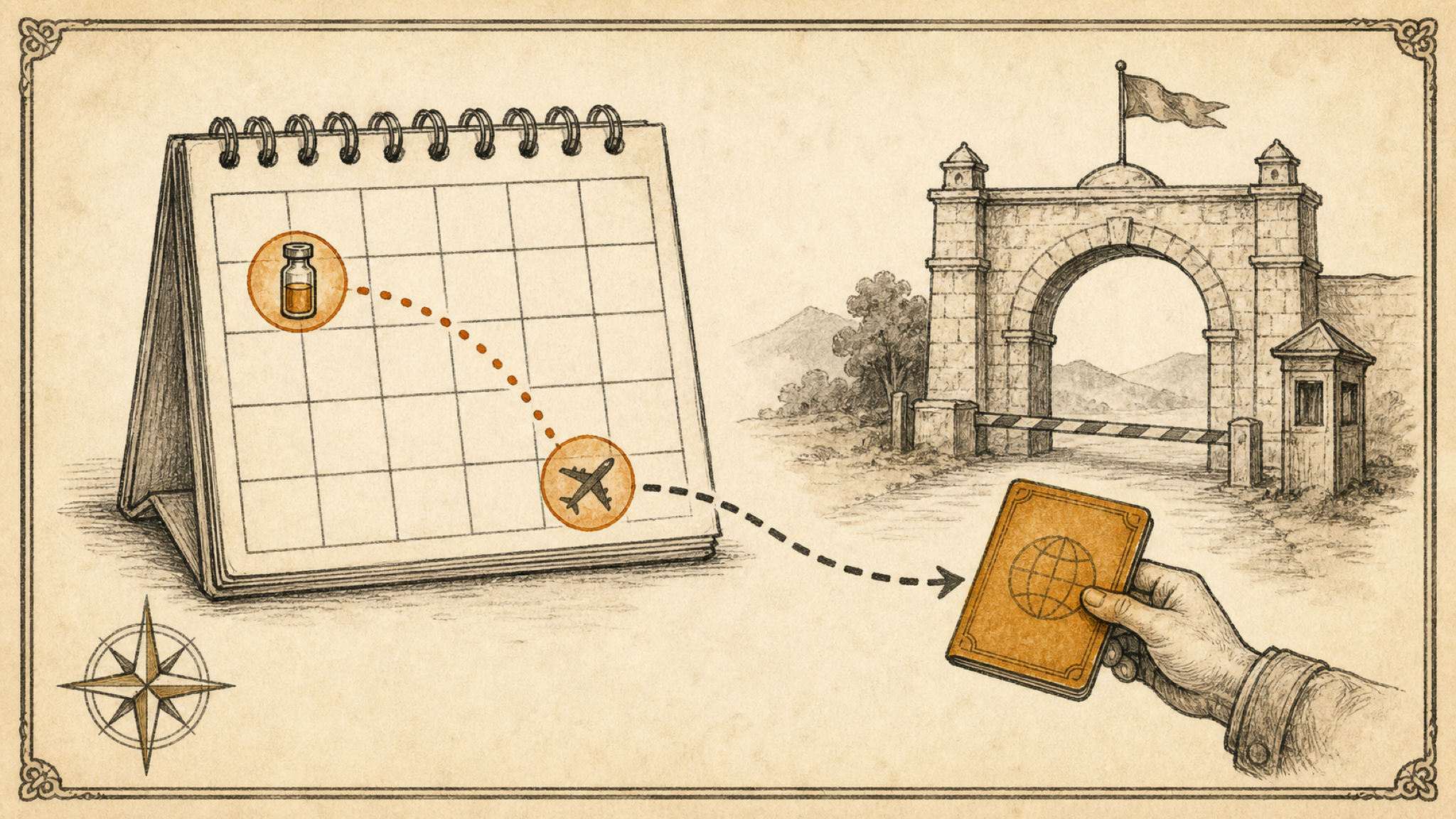 A vintage plate: a calendar marks a vial on an early day with a dotted countdown to a departure day, then a dashed route to a second border gate where a certificate is presented