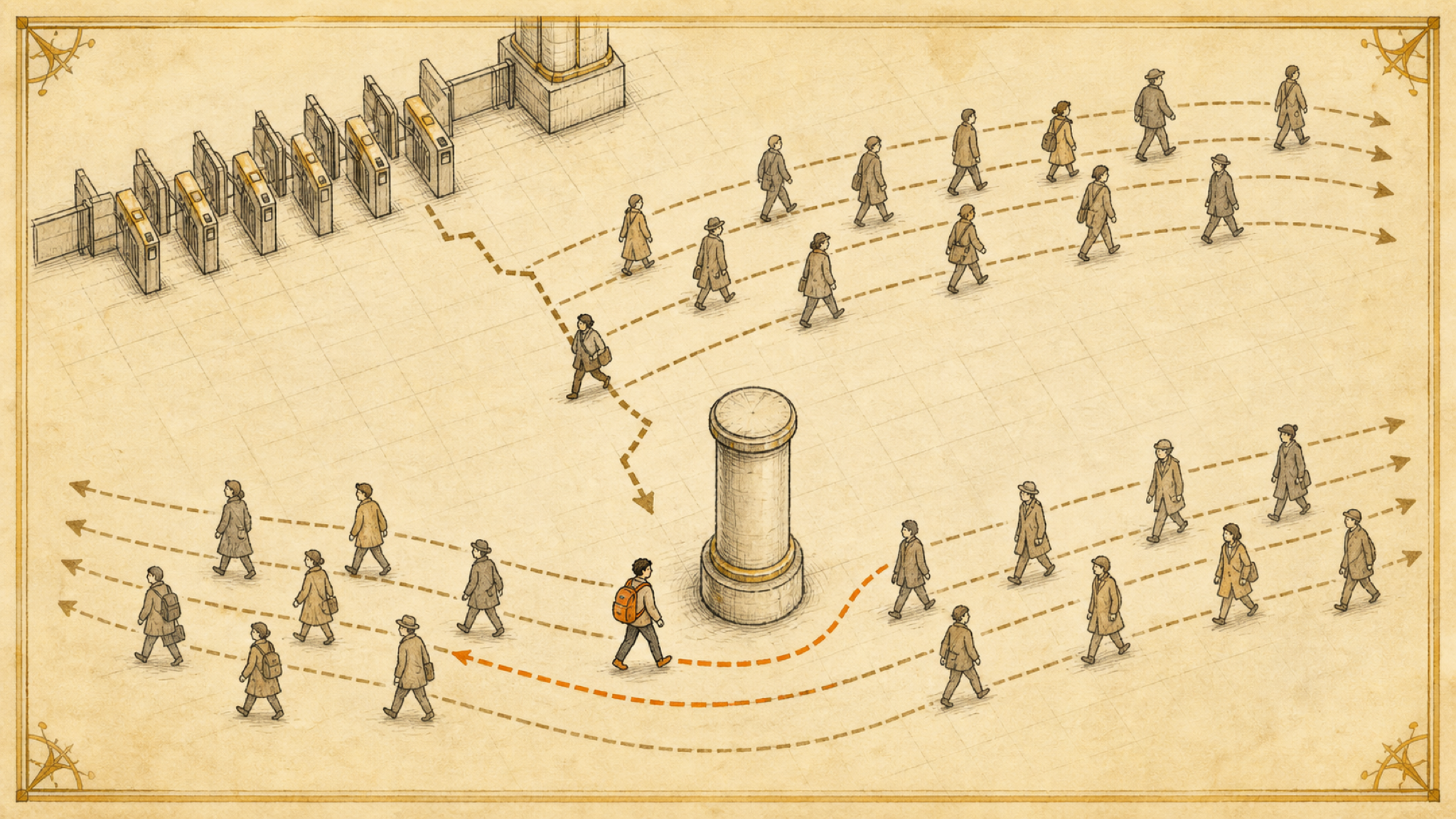 Overhead vintage diagram of a station concourse: orderly walking streams flow in both directions while one figure cuts a jagged path against the flow, and a traveler with an orange backpack bends their route smoothly behind a thick pillar
