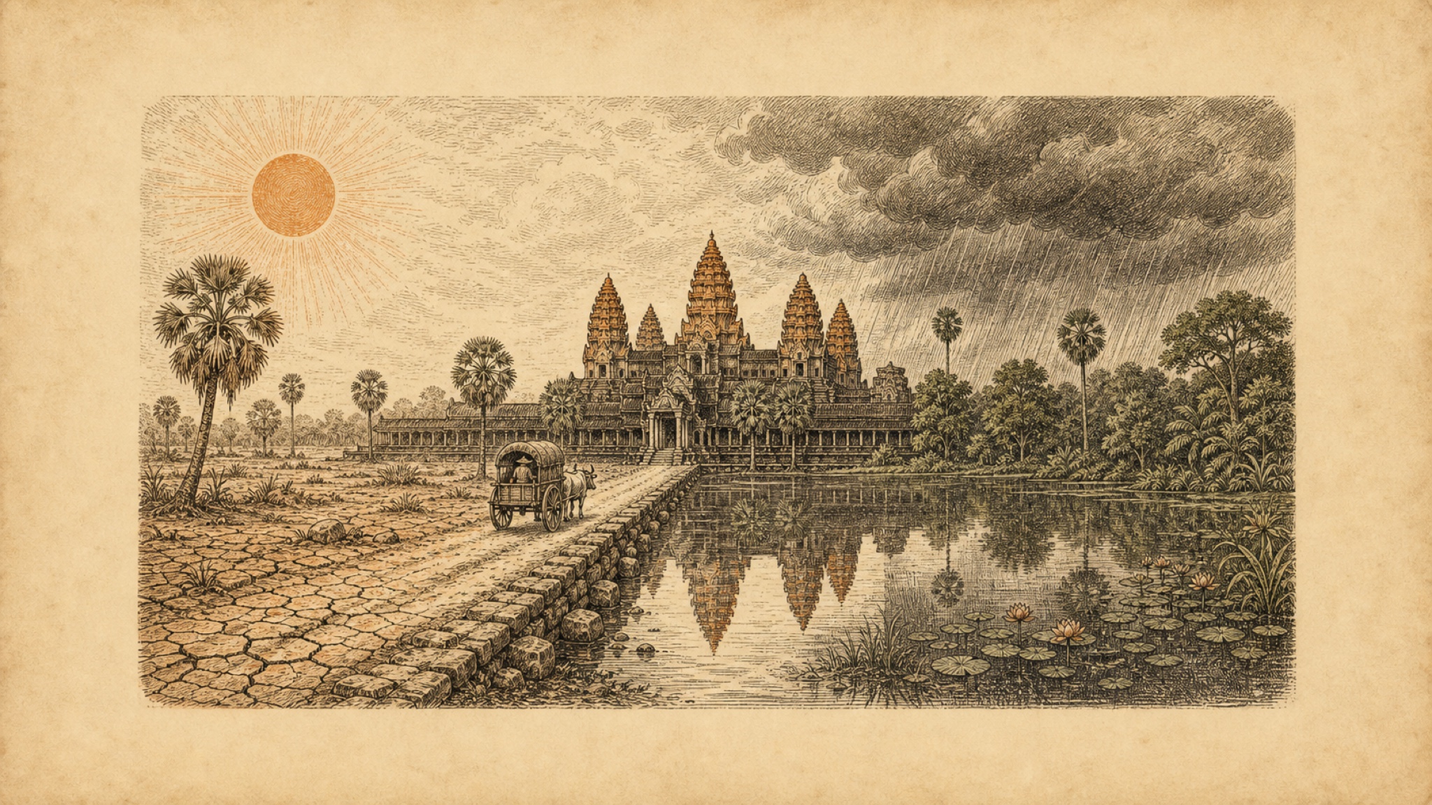 An etching of Angkor Wat's five towers reflected in its moat, with the sky split between a blazing sun over dry cracked earth on the left and monsoon rain over a brimming green landscape on the right, an ox-cart crossing the causeway