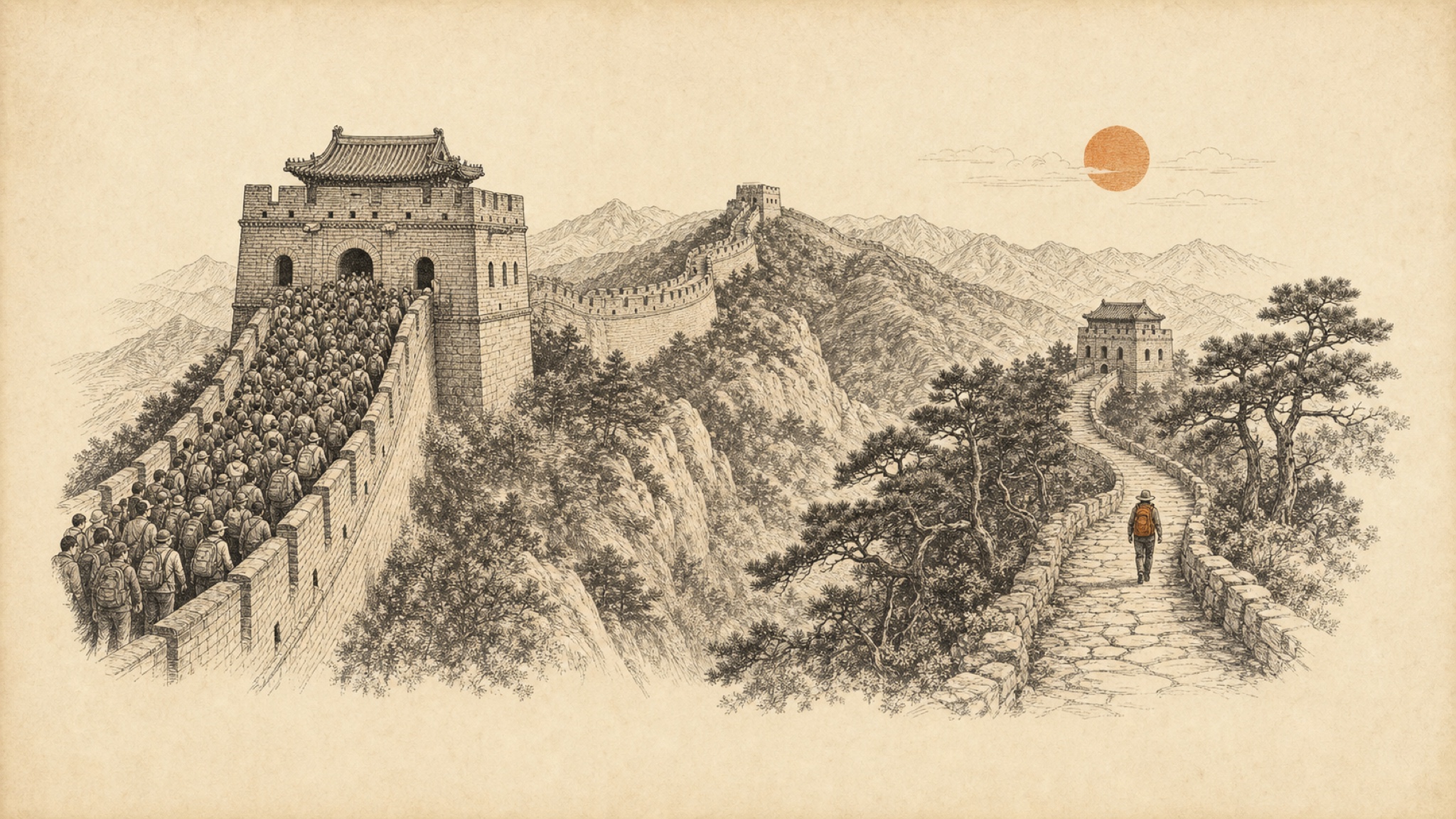 An etching of the Great Wall with a densely packed crowd at the main gate tower and a lone hiker on a quiet stone side path winding toward a distant watchtower