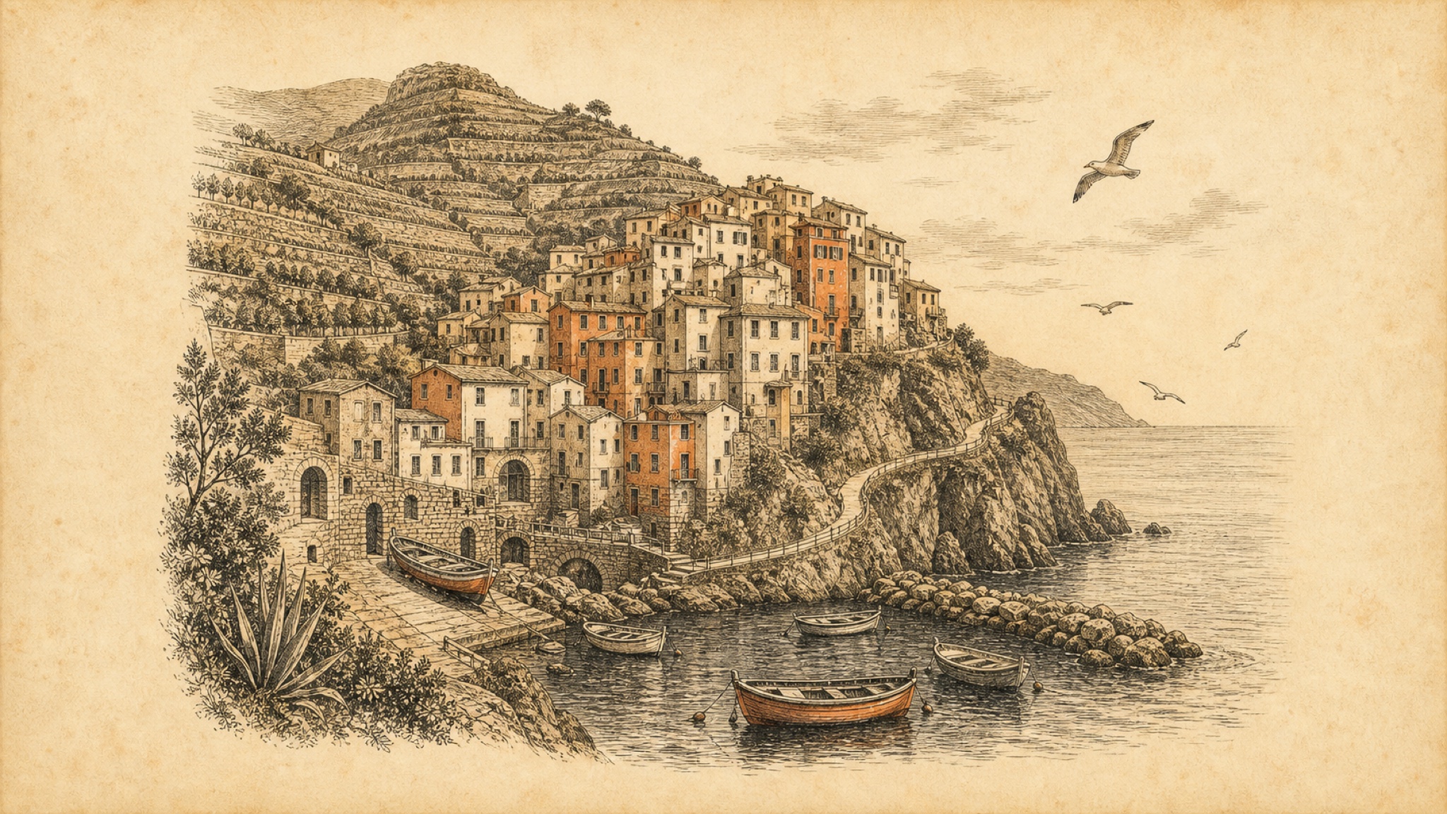 A vintage etching of a Cinque Terre village: tall pastel houses stacked up a steep cliff above a small harbor with fishing boats, terraced vineyards behind, and a footpath along the coast