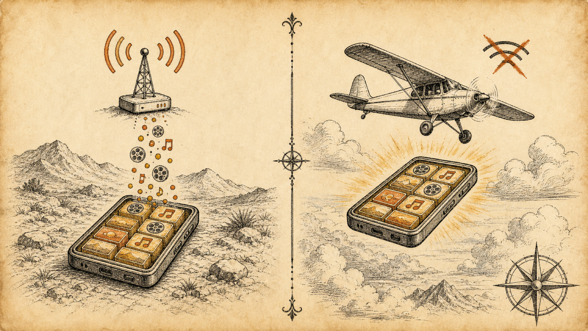 A field-guide diagram: on the ground a phone fills with film and music tokens under a signal tower; aloft the full phone plays beside a plane while the signal is crossed out.