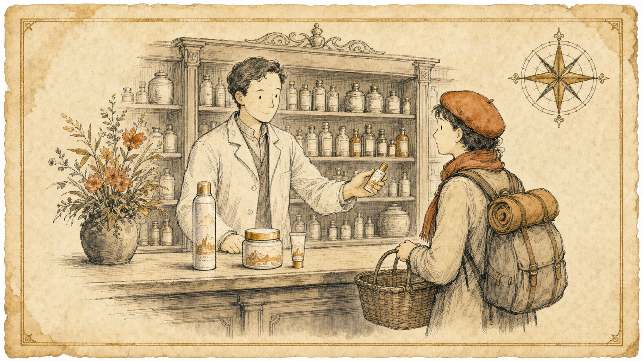A vintage plate of a French pharmacy counter: a pharmacist in a coat hands a small product across to a traveler holding a basket, with skincare items and an apothecary shelf of bottles behind