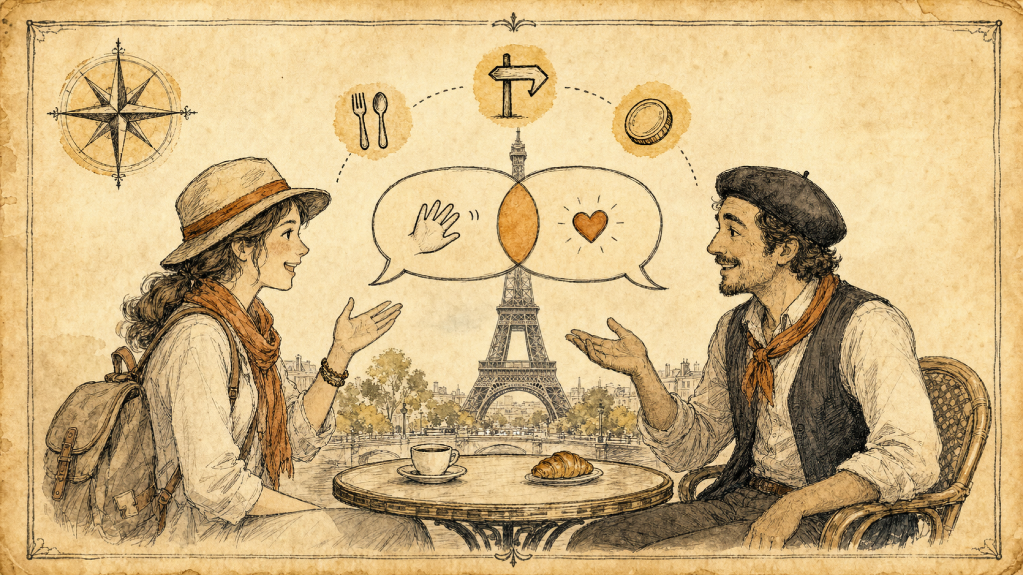 A vintage field-guide illustration: a traveler and a local exchange friendly speech bubbles — a waving hand and a heart — with small pictograms for food, directions, and price, in front of a French landmark.