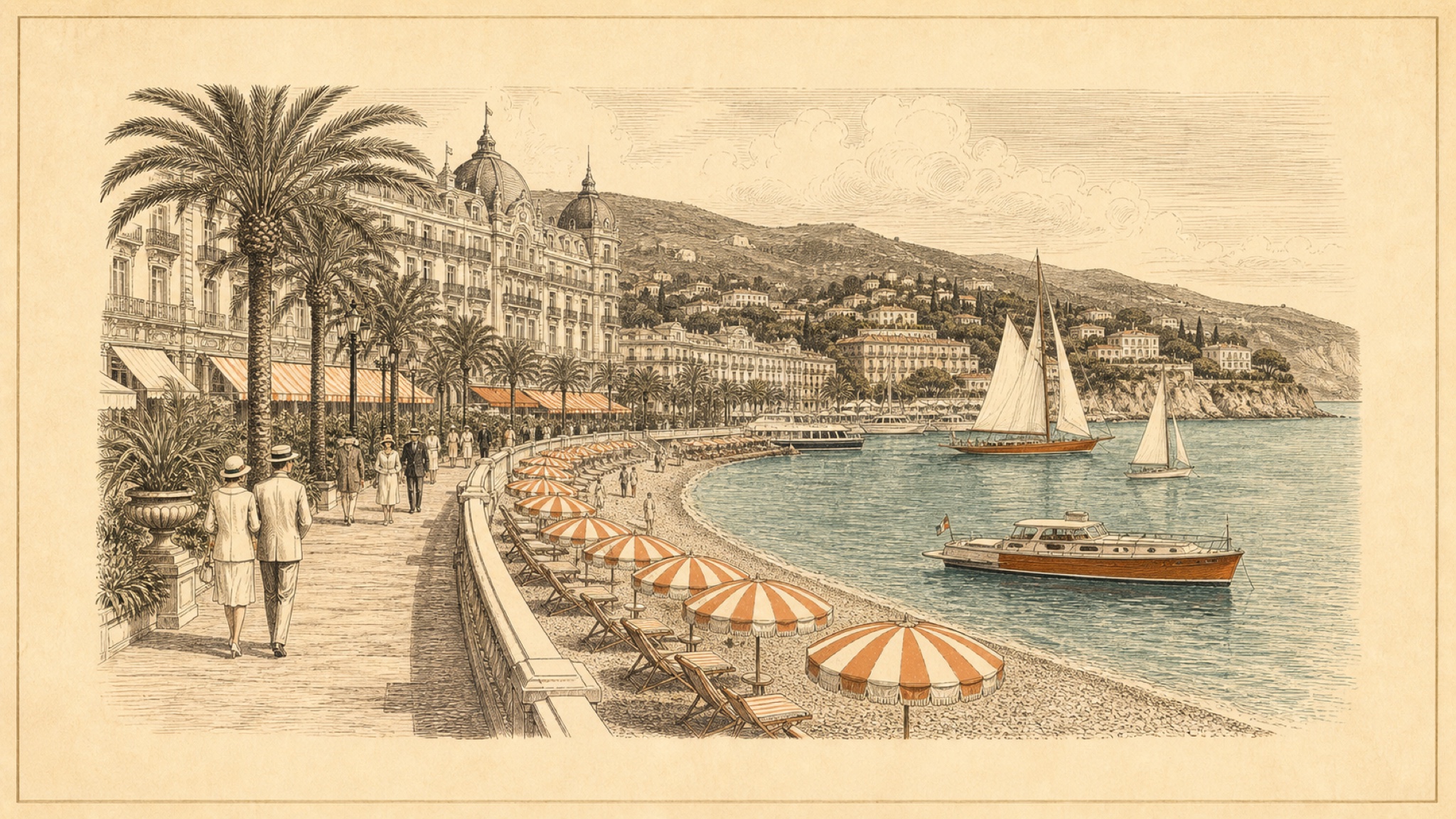 A vintage etching of a French Riviera promenade: palm trees and strollers along a curving seafront, striped umbrellas on a pebble beach, sailing yachts on the bay, and belle-epoque hotels behind