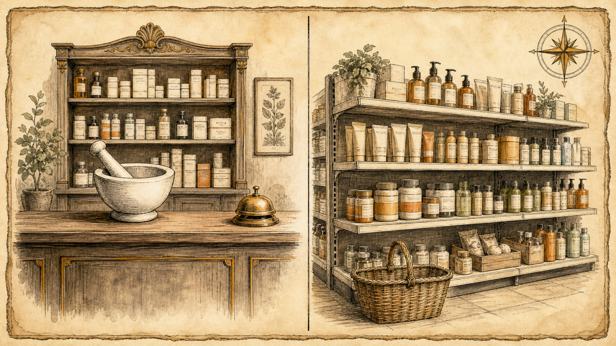 A vintage two-panel plate: on the left an Apotheke pharmacy counter with a mortar and pestle and medicine kept behind the counter; on the right an open self-serve Drogerie shelf of cosmetics and supplements with a shopping basket