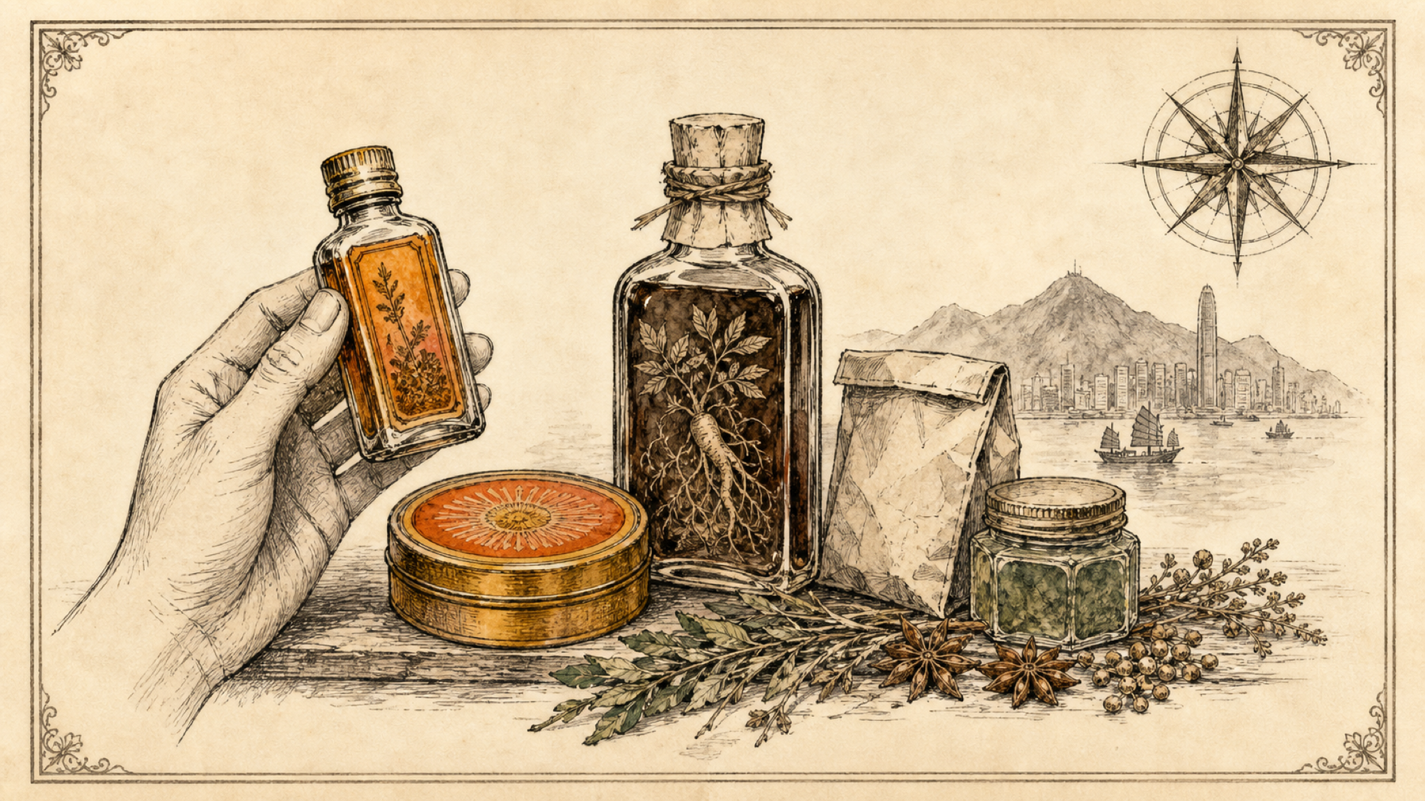 A vintage apothecary still-life: a hand holds a small medicated-oil bottle beside a round balm tin, a bottle of herbal tonic, a paper powder sachet and a small jar, with dried herbs and the Hong Kong skyline behind