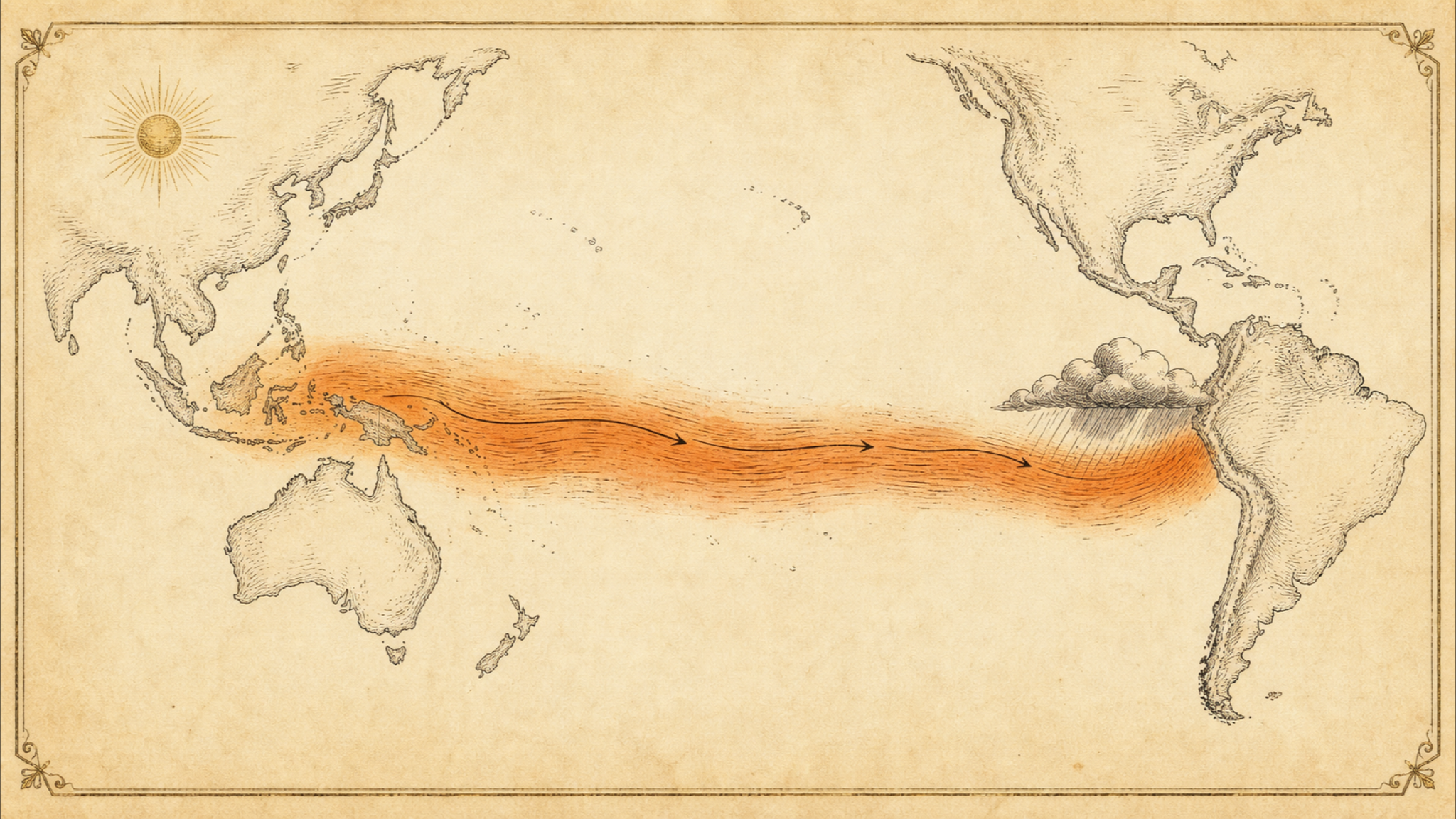 A vintage map of the Pacific with a warm orange band of water stretching along the equator toward South America, rain clouds gathering near the American coast and a calm sun over the western ocean