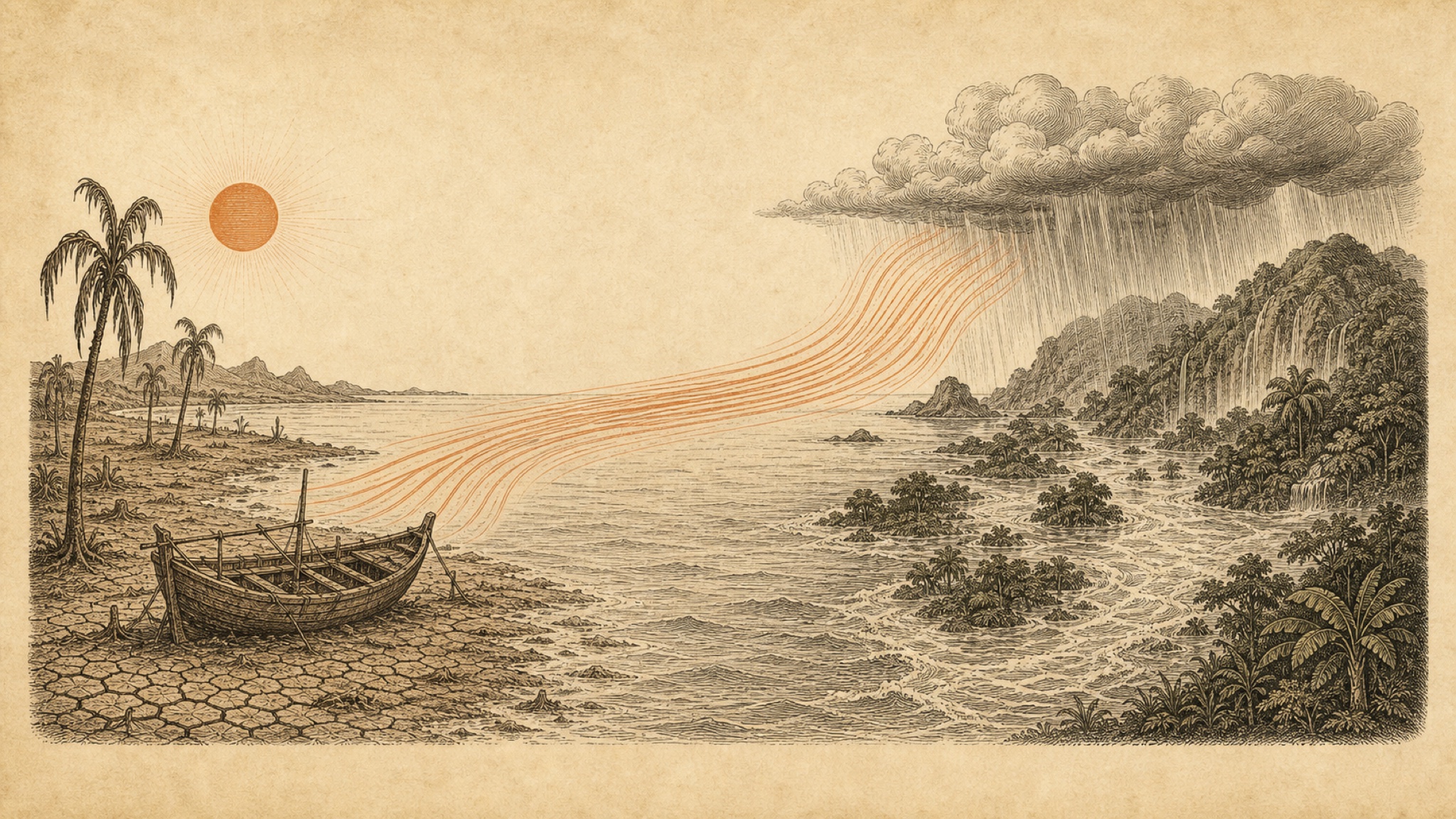 An etching of the Pacific Ocean with a parched left shore — cracked earth, drooping palms, and a fishing boat stranded on a mudflat — and a drenched right shore of heavy rain and a flooded river, a warm ocean current sweeping between them