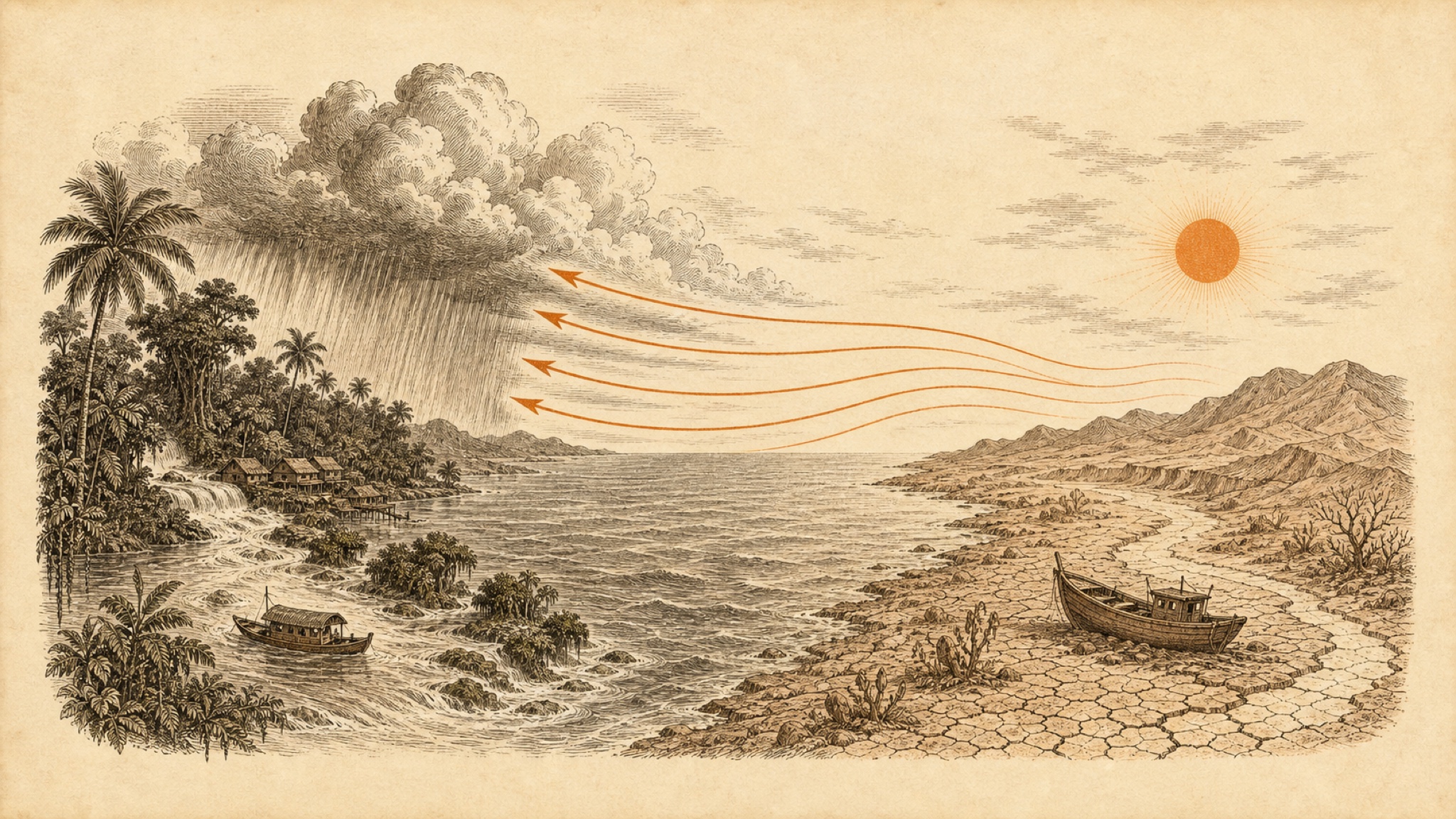 An etching of the Pacific Ocean, the mirror of an El Niño scene: a drenched left shore of lush jungle, heavy rain and a swollen river, and a parched right shore of cracked earth and a boat stranded on a dry riverbed, with trade winds sweeping the warmth and rain to the west