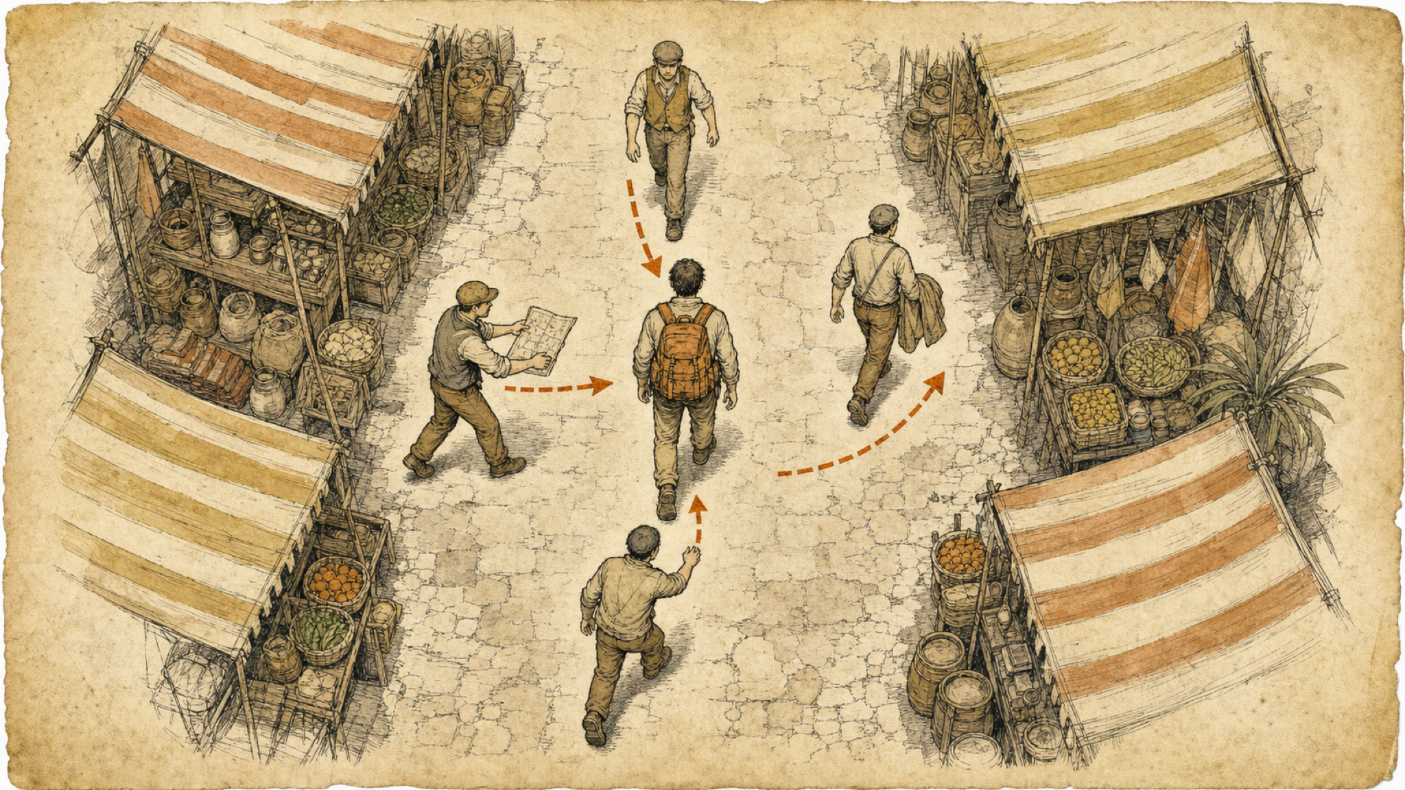 Overhead vintage diagram of a market lane: four figures converge on one traveler with a backpack — one blocks the path, one holds out a map, one reaches from behind, one walks away with a draped jacket — with dashed arrows tracing each route