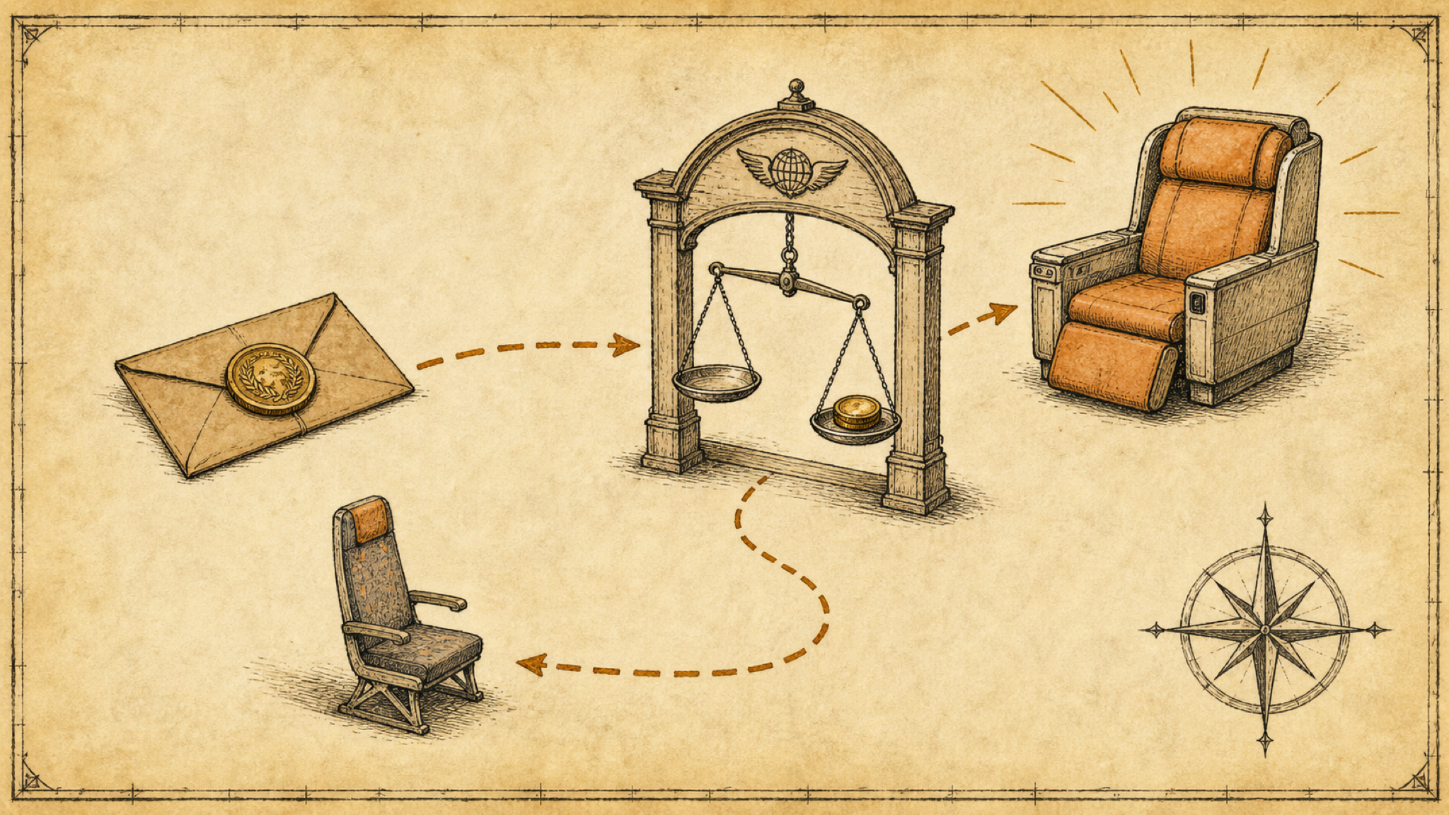 A sealed envelope carrying a coin travels toward a balance scale under an arch; one dashed path leads on to a plush business class seat while another loops back to a narrow economy seat