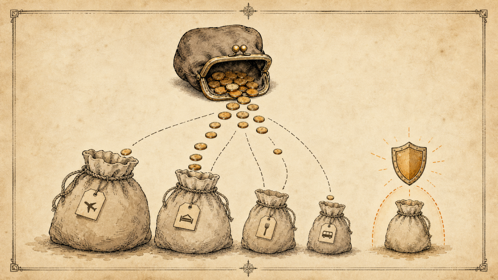A vintage plate: a coin purse pours coins that sort by dashed lines into drawstring pouches of decreasing size — a large one tagged with a plane, then a roof, a fork and a bus — while one pouch on the right is protected by a glowing shield