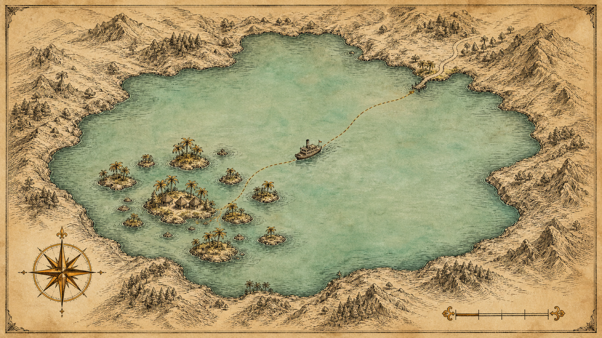 A vintage map plate of a vast lake enclosed by land on every side, with a cluster of small palm-covered islands in its southwest and a ferry tracing a dashed route from the mainland shore