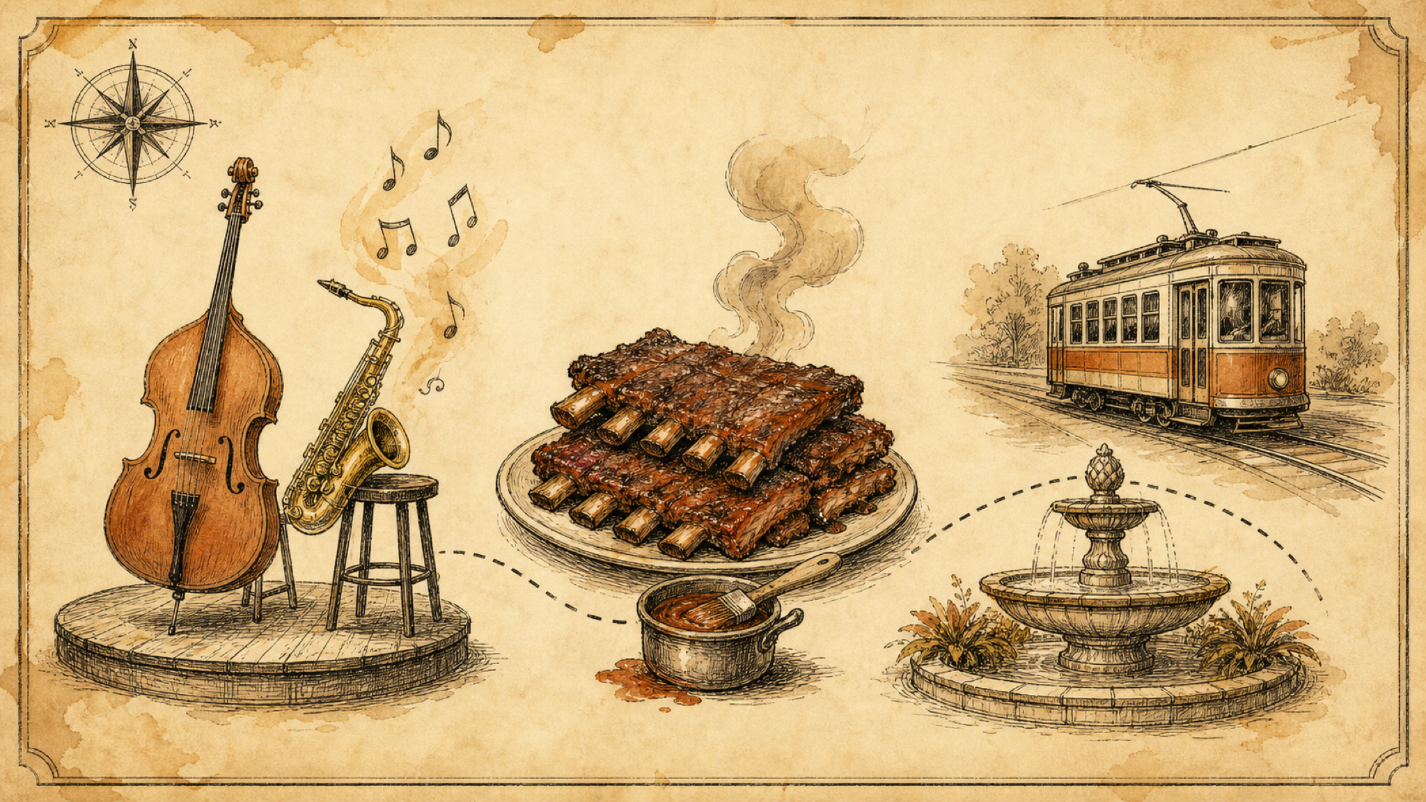 A vintage field-guide plate: a double bass and saxophone with music notes, a rack of barbecue ribs, and a streetcar beside an ornamental fountain.