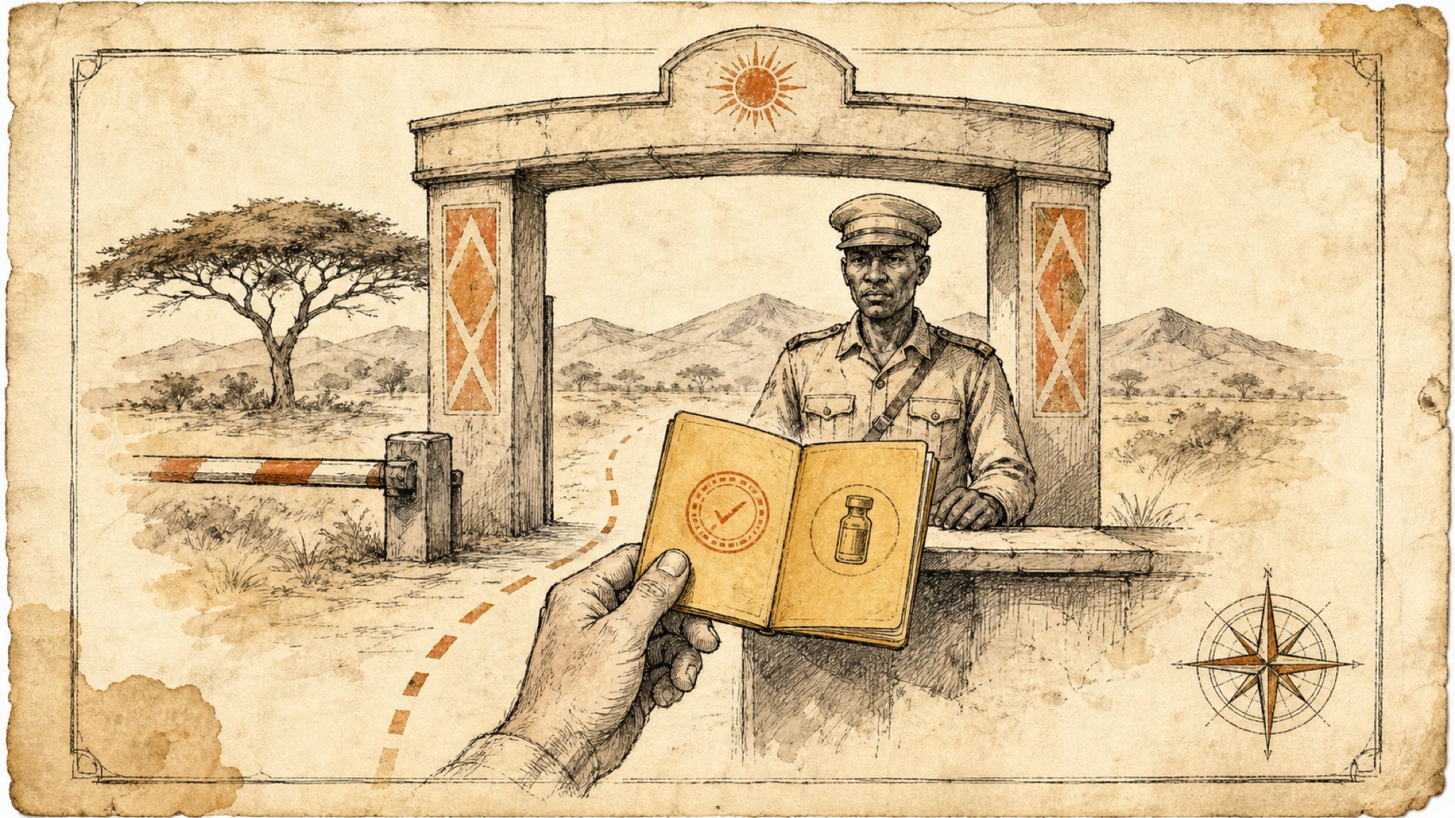 A vintage plate: a hand presents an open yellow-card certificate booklet, stamped and marked with a vial emblem, to an official at a savanna border gate