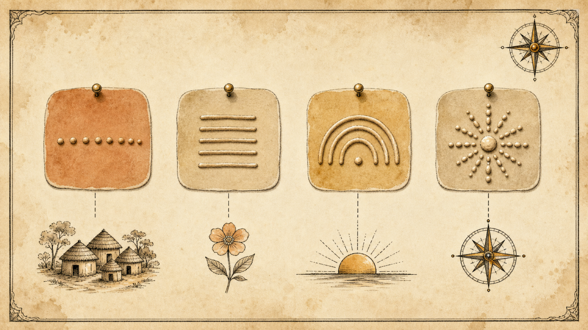 A respectful vintage study plate showing four different scarification pattern swatches — dots, lines, an arc, and a sunburst — each linked to a small symbol for what it can mean: belonging, beauty, a life stage, and identity.