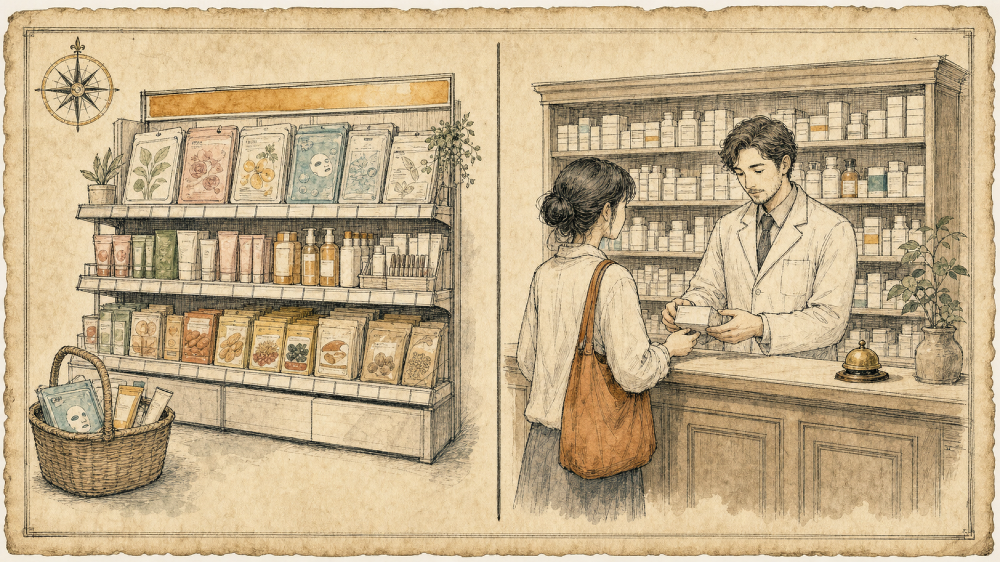 A vintage two-panel plate: on the left a modern self-serve beauty-drugstore shelf of sheet masks, cosmetic tubes and supplement boxes with a hand basket; on the right a pharmacy counter where a pharmacist serves a customer with medicine kept behind the counter