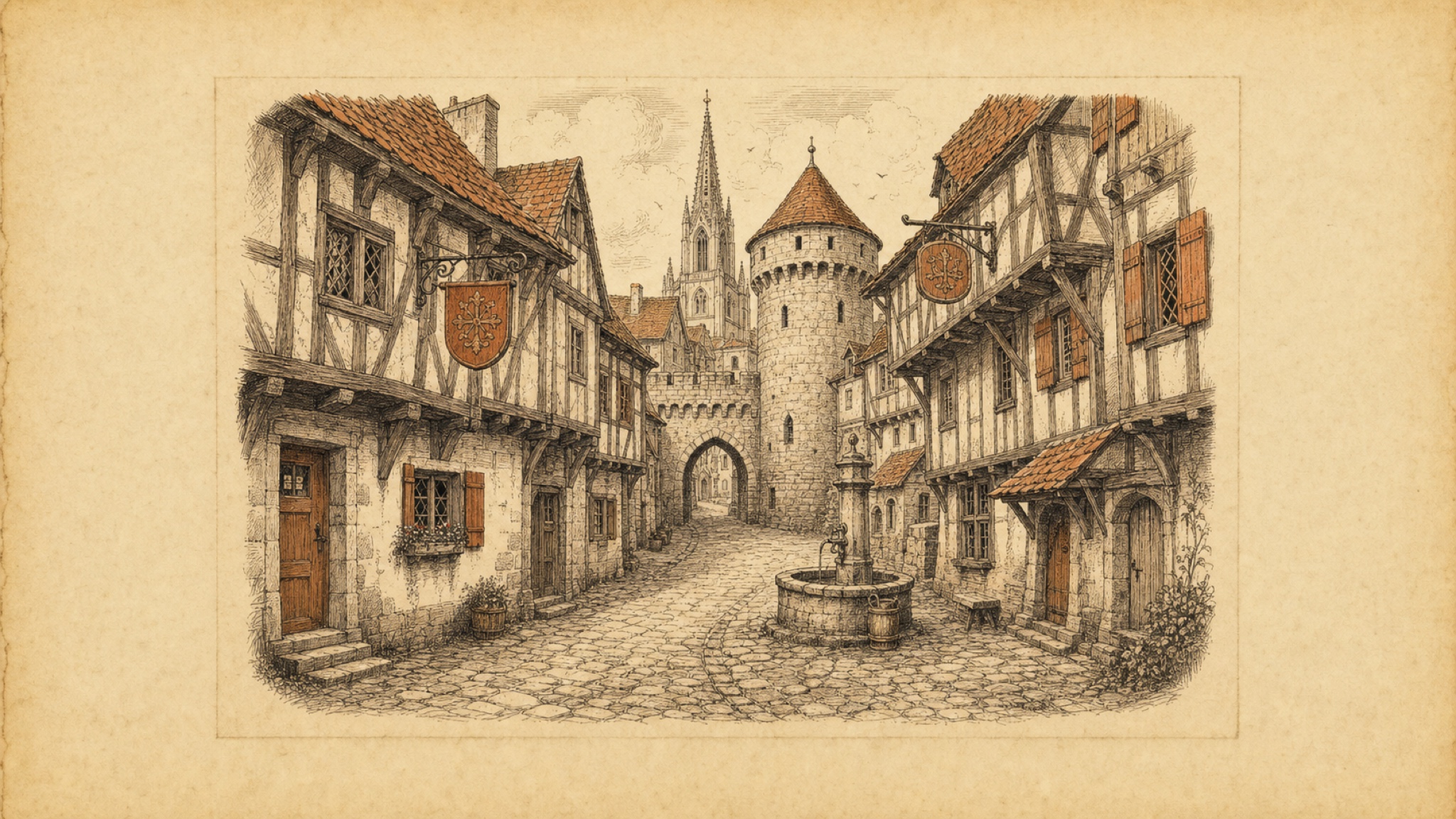 A vintage etching of a genuinely old medieval street: a cobbled lane between leaning half-timbered houses with hanging signs, leading to a stone gate archway and a round watchtower, a cathedral spire behind