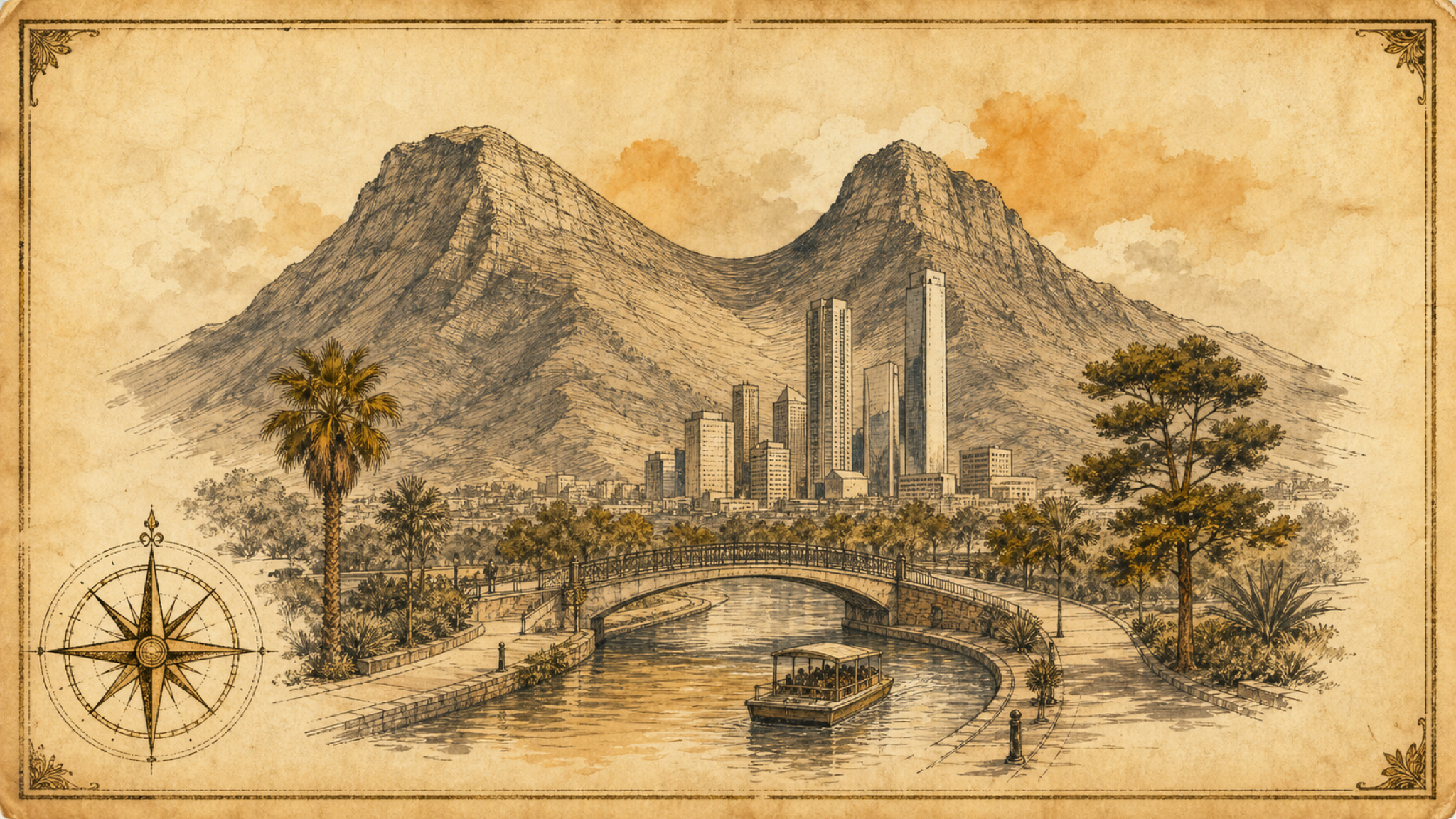 A vintage field-guide plate of Monterrey's saddle-shaped mountain and modern towers rising behind a canal riverwalk with a small boat and footbridge.