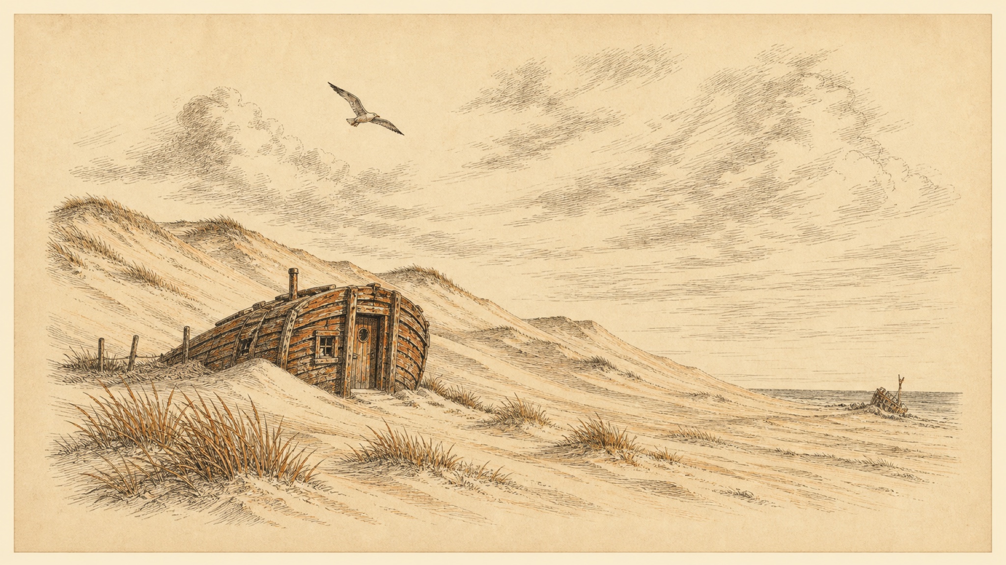 A wooden cabin shaped like a beached boat hull sits half-hidden below the dune crests, with a faint shipwreck on the distant shoreline