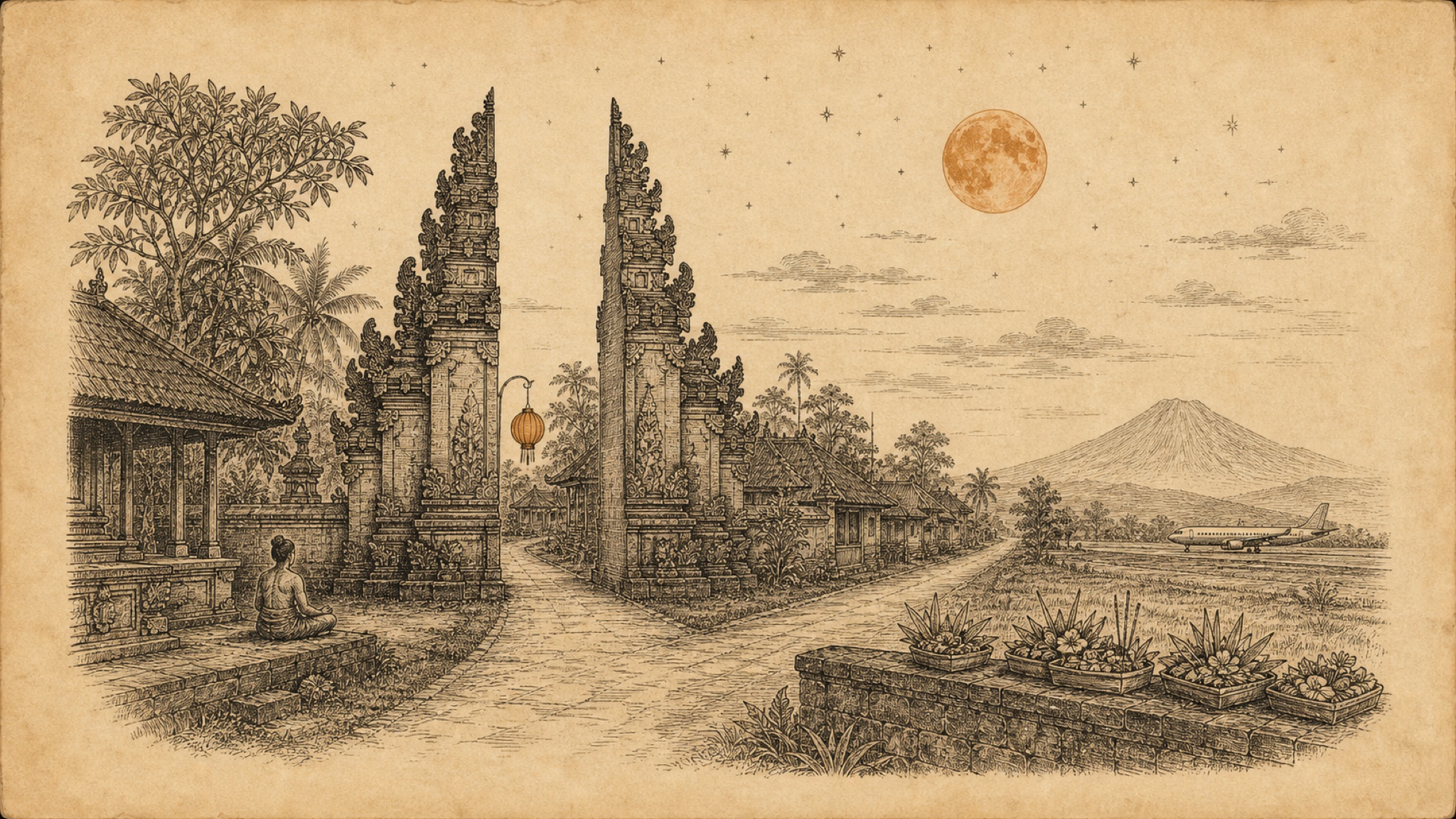 An etching of a Balinese split candi bentar gate beside an empty village lane at dusk, a lone figure meditating, offerings untouched on a wall, a full moon overhead, and a parked airliner grounded on a distant airstrip