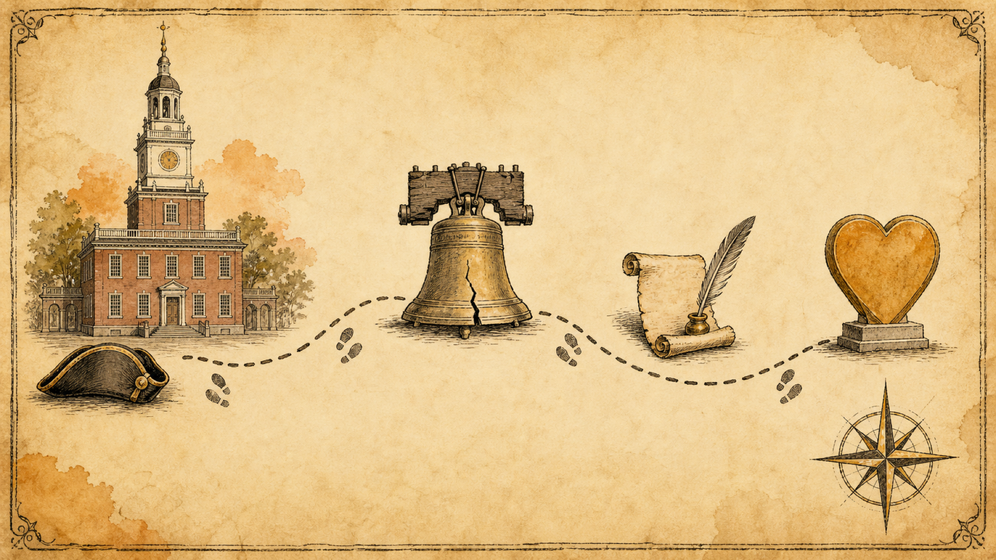 A vintage field-guide walking route: a dashed footpath links a colonial hall with a clock tower, a cracked liberty bell, a parchment scroll with a quill, and a heart-shaped monument.