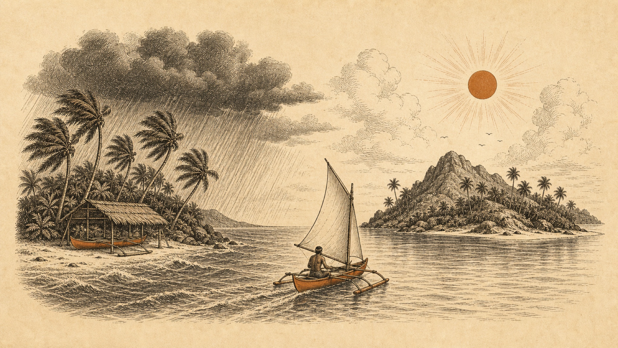 An etching of two tropical islands — one under slanted rain with an outrigger sheltered on the beach, the other in full sun — with a sailing outrigger crossing the strait between them
