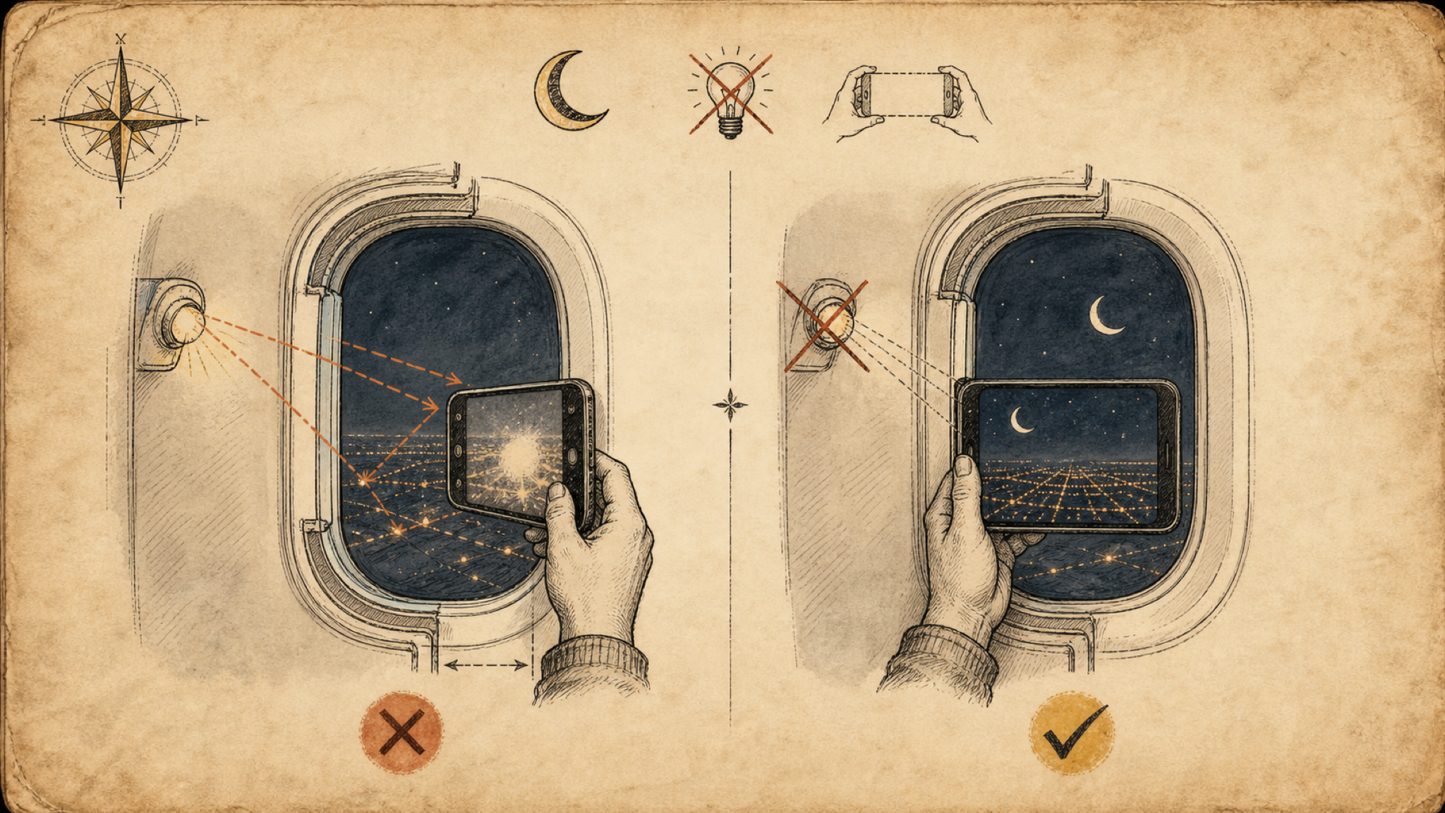 A vintage field-guide diagram: on the left a phone held with a gap from the airplane window catches cabin-light glare and a washed-out screen; on the right the phone pressed flat against the glass with the lights off shows a clean night view of the moon, stars, and city lights.