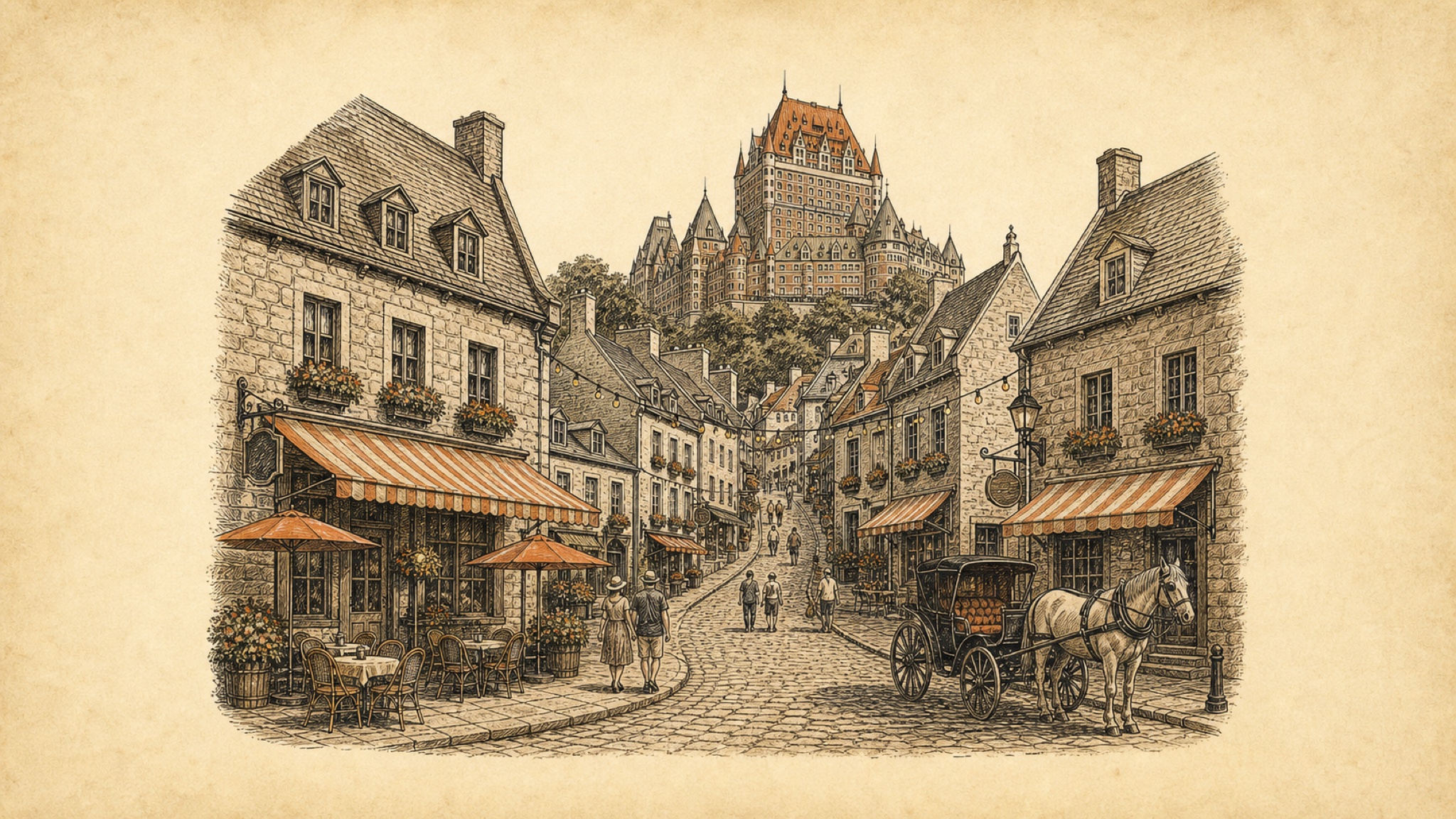 A vintage etching of Old Quebec: a cobbled lane of tall stone buildings with a cafe terrace and striped awnings, a horse-drawn caleche at the corner, and the turreted chateau-style hotel rising above the rooftops