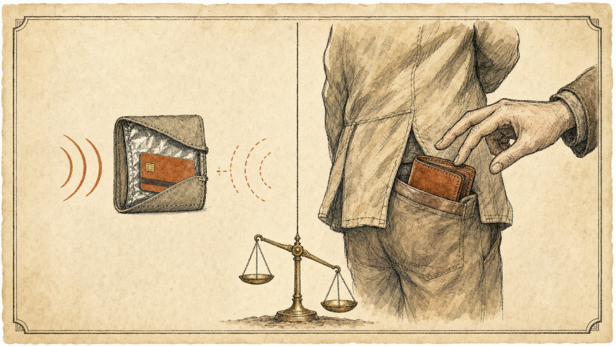 A vintage two-panel plate: on the left a foil-lined wallet makes radio waves bounce off, drawn small and quiet; on the right, much larger, a hand lifts a wallet from a back pocket, with a balance scale tipped toward the pickpocket side