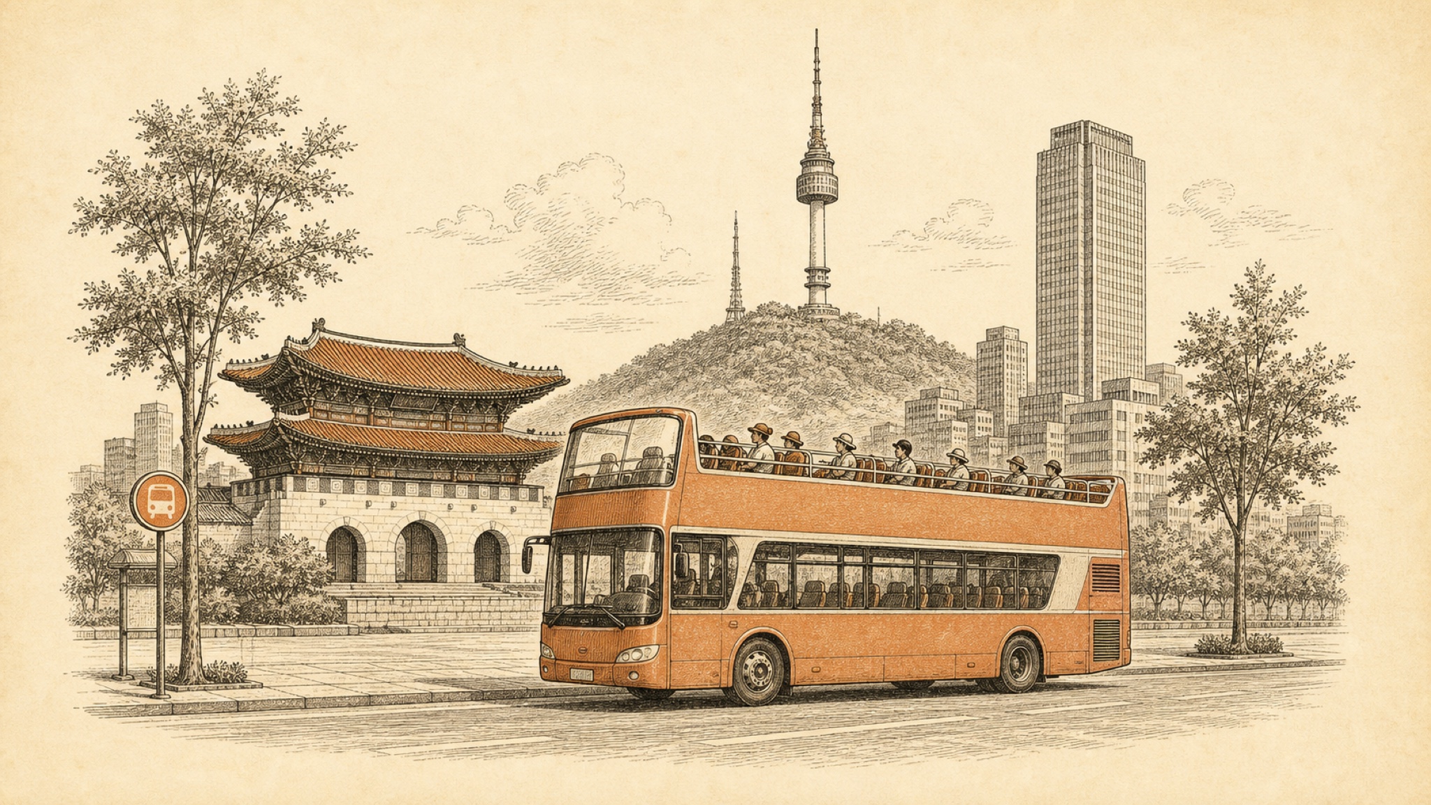 A vintage etching of an open-top double-decker sightseeing bus driving past Seoul landmarks: a traditional palace gate with a tiled roof, a slender tower on a green hill, and modern high-rises behind, with a bus-stop marker at the curb