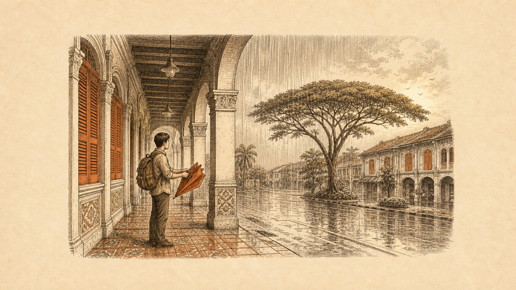 An etching of a covered five-foot-way arcade of old Singapore shophouses where a traveler stands dry closing an umbrella as straight rain falls on the street, with a broad rain tree and a brightening sky beyond
