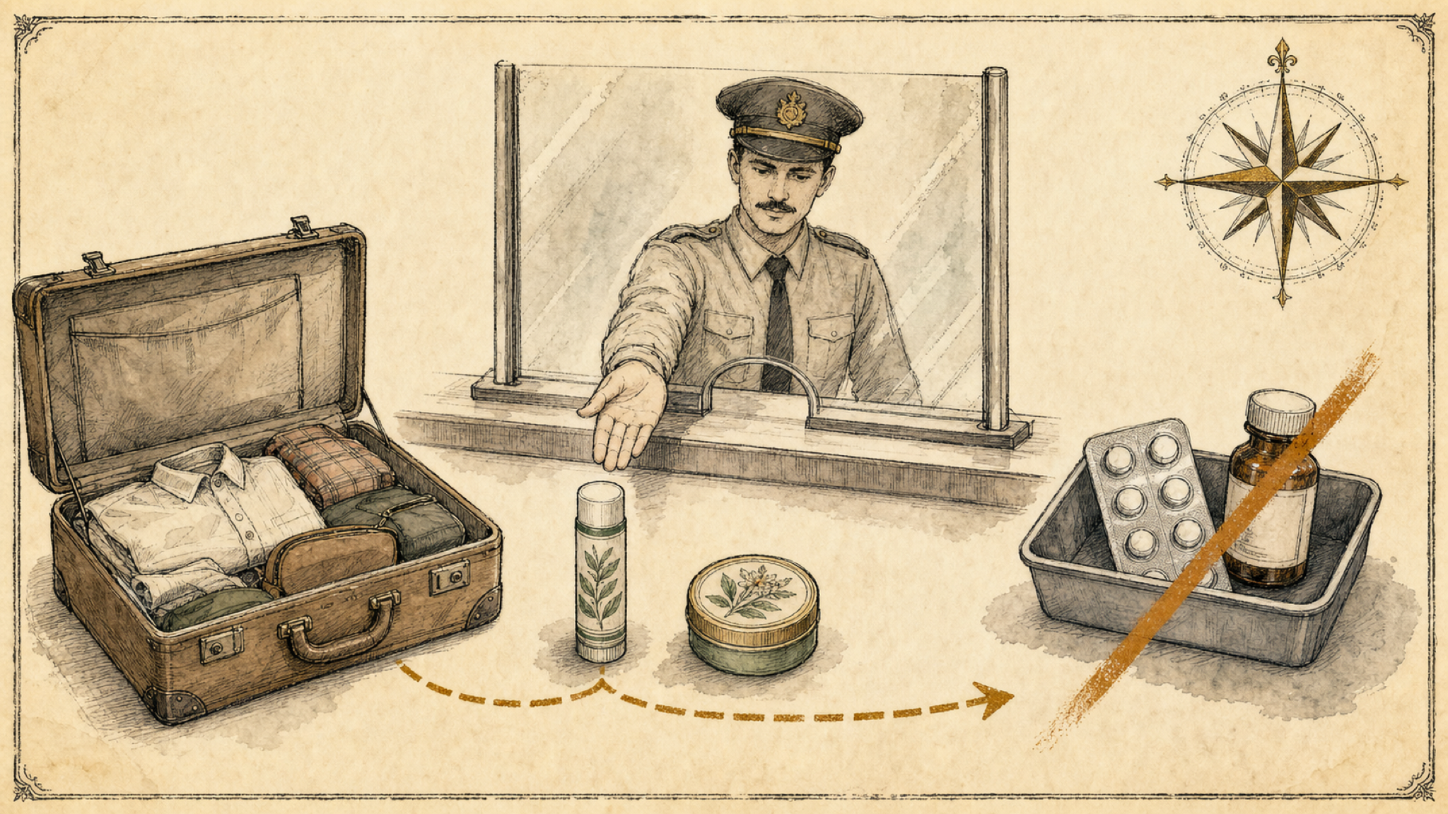 A vintage plate of a customs check: an open suitcase, an official at a counter, an herbal inhaler and a balm tin passing through toward the traveler, while a blister of stronger tablets and a bottle are held back in a tray with a soft slash