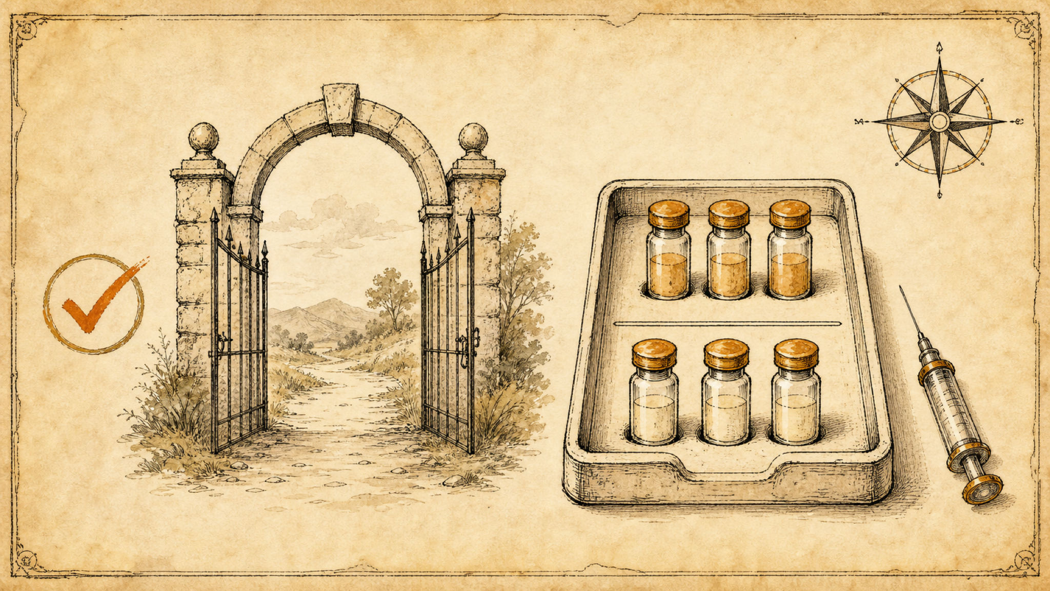 A vintage plate: an open border gate with a check mark beside it, and an apothecary tray holding two separated rows of vaccine vials with a syringe