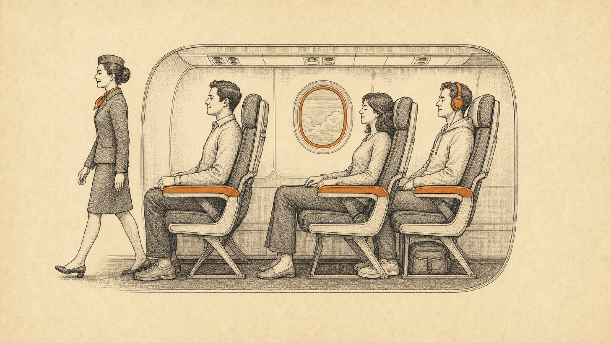 A side-view etching of a courteous airplane row: three passengers with seats upright, sharing the armrests fairly, a bag stowed under the seat, one wearing headphones, and a crew member walking the aisle