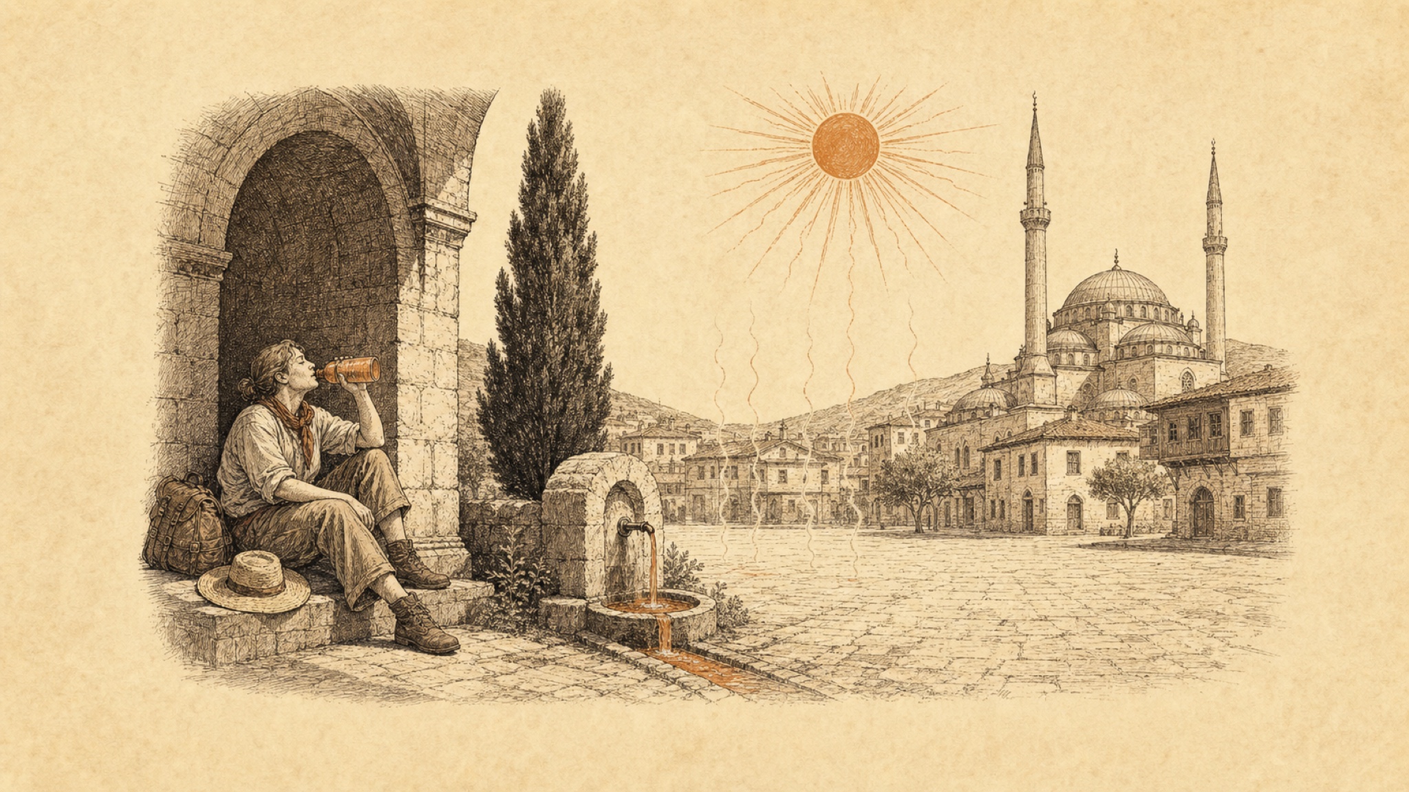 An etching of an inland Turkish town square at noon: a traveler rests in the deep shade of a stone arch drinking water while heat shimmer rises from the pavement and a domed mosque bakes in the blazing sun