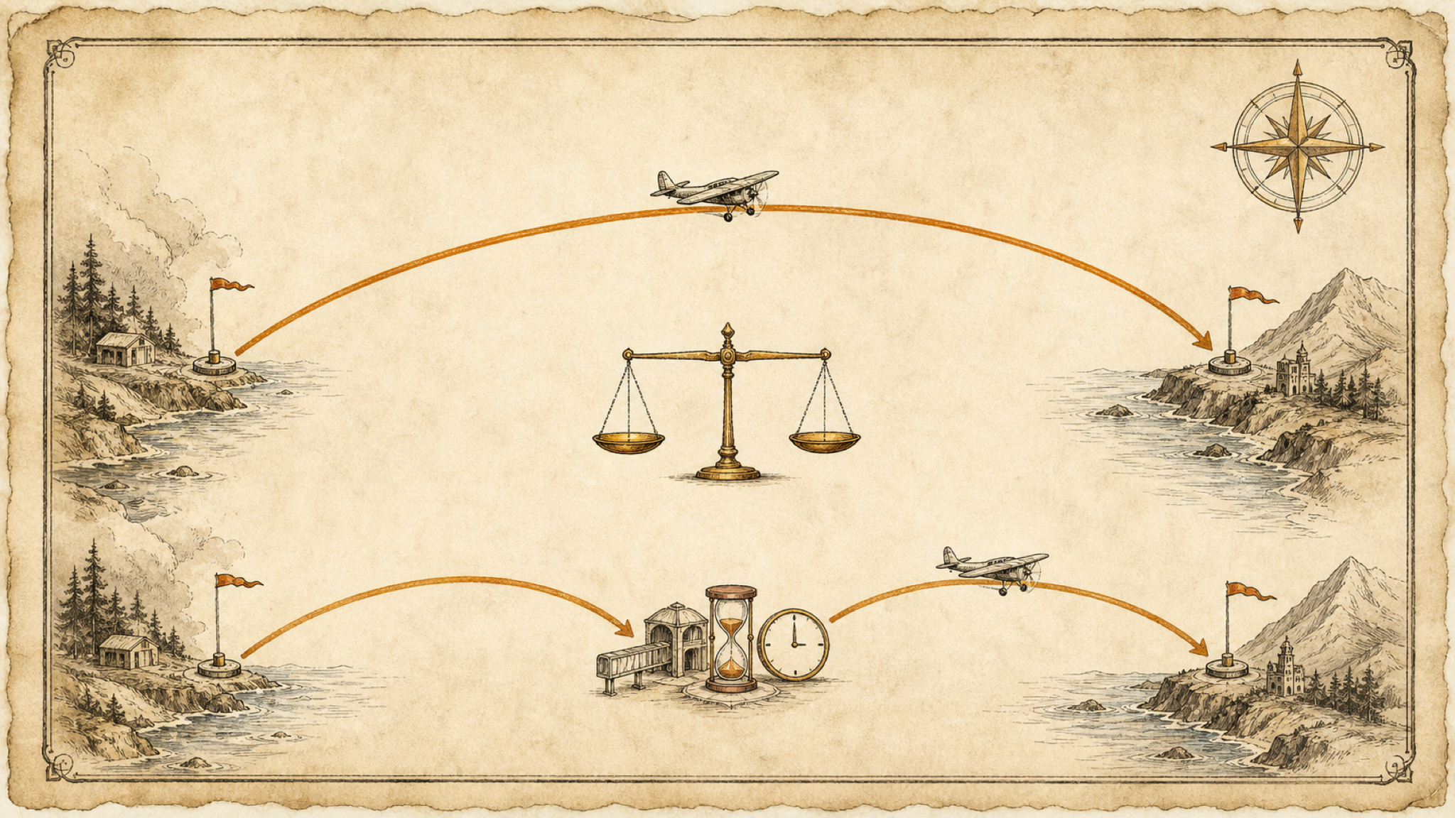 A vintage plate: the same trip drawn twice from one origin to one destination — a single long unbroken direct arc on top, and a two-leg connecting route with a layover airport, an hourglass and a clock on the bottom, with a level balance scale between them