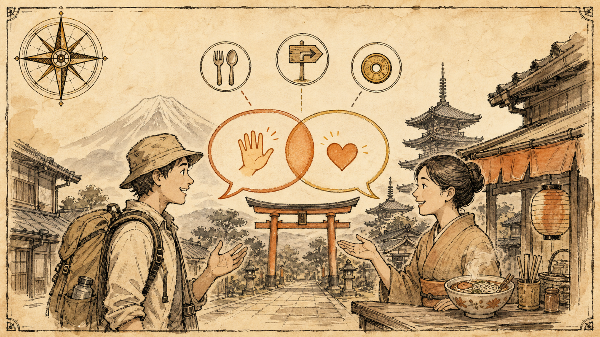 A vintage field-guide illustration: a traveler and a local exchange friendly speech bubbles — a waving hand and a heart — with small pictograms for food, directions, and price, in front of a Japanese landmark.