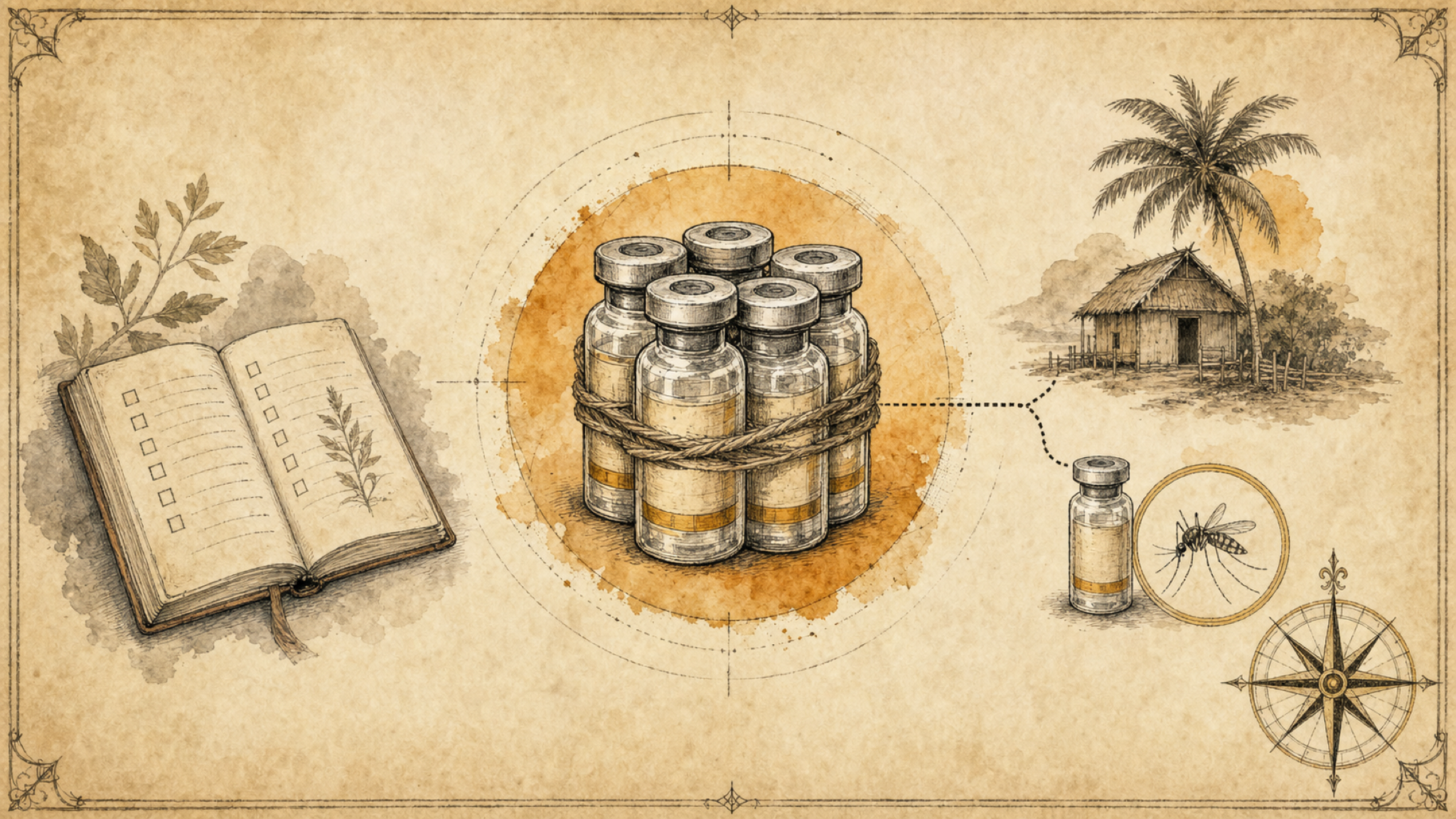 A vintage plate: a bundled core cluster of vaccine vials branching along a dotted line to a rural hut scene with an extra vial and a mosquito