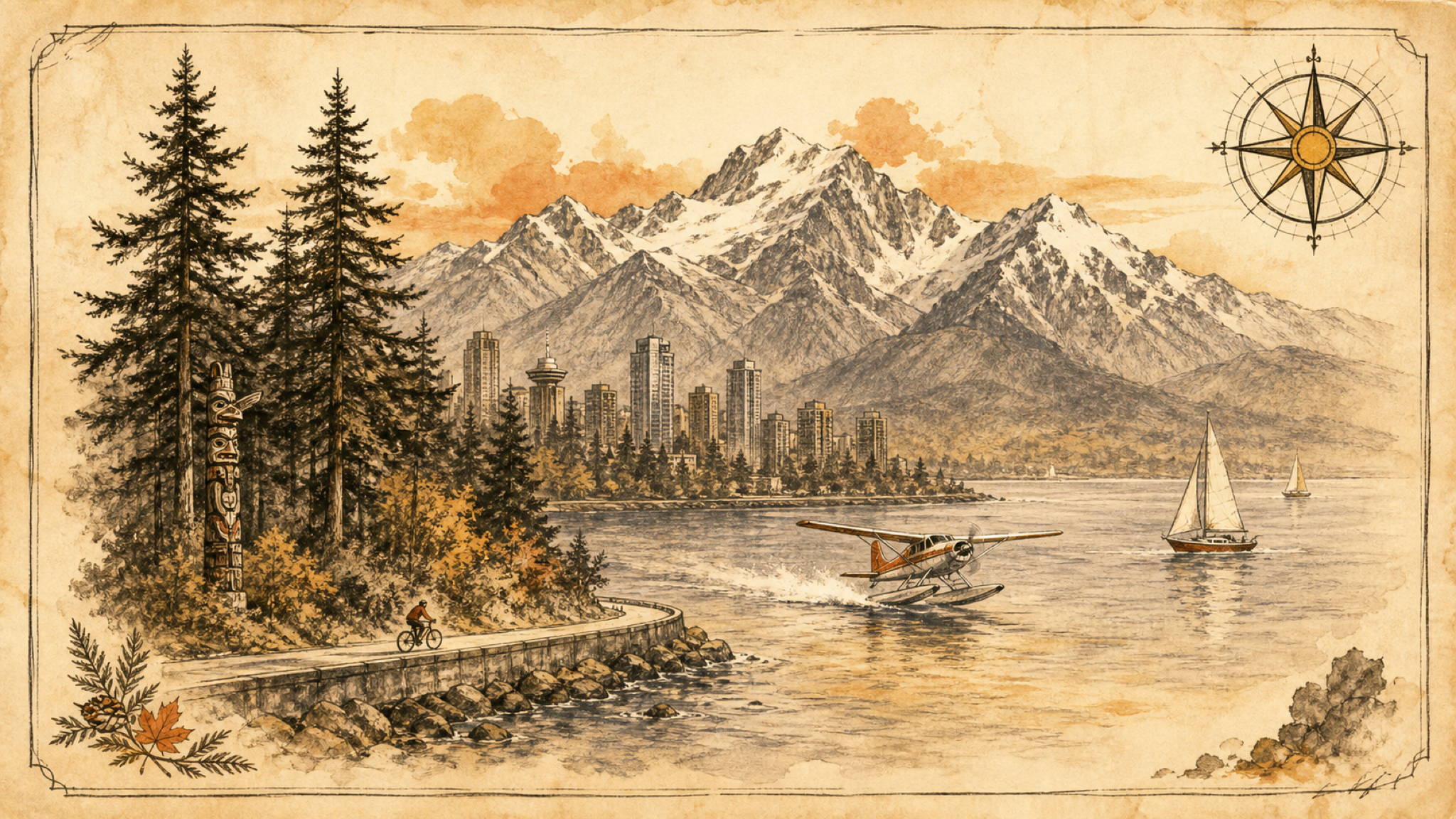 A vintage field-guide plate: snow-capped mountains behind the ocean, a floatplane lifting off, and a forested seawall with a cyclist in the foreground.