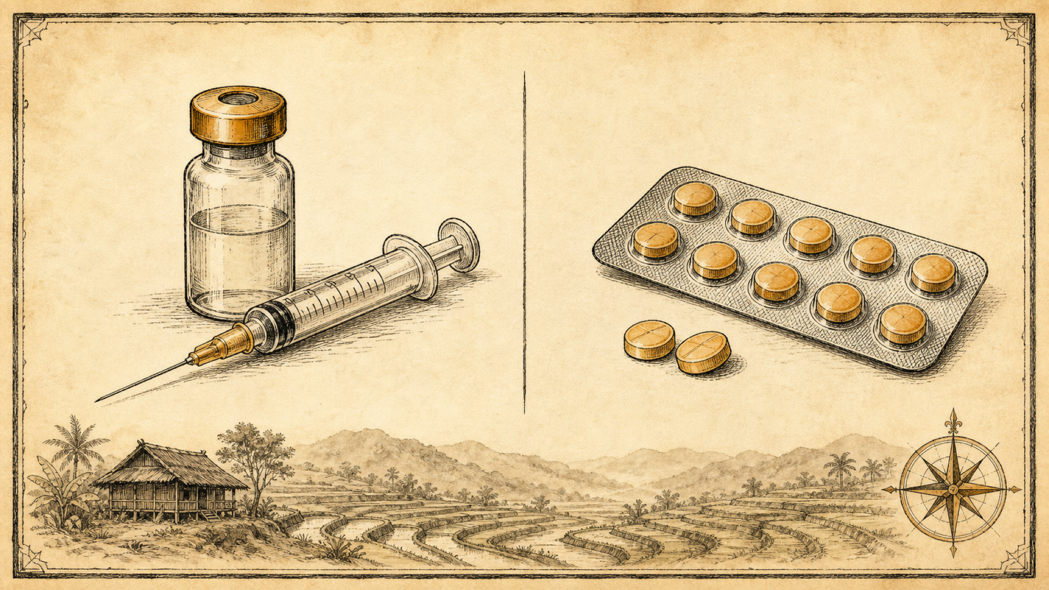 A vintage plate contrasting a vaccine vial with a syringe on the left against a blister pack of pills on the right, over a rice-terrace countryside