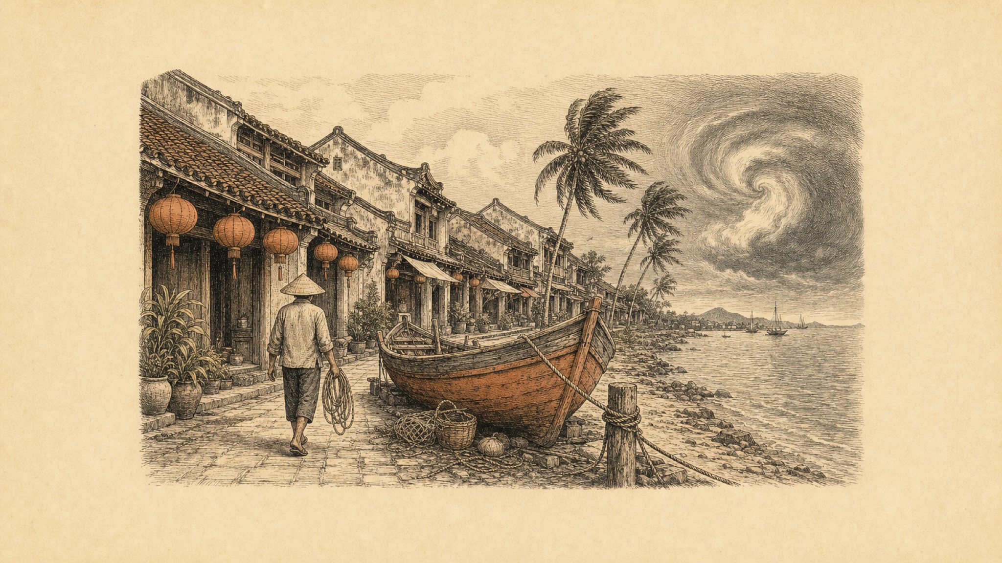An etching of a lantern-lined riverside lane in central Vietnam with a fishing boat pulled ashore and tied down as a spiral storm cloud approaches over the sea