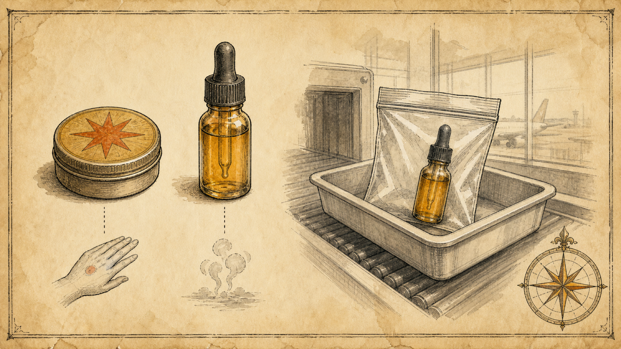 A vintage plate: a star-lidded balm tin and a dropper oil bottle with use cues, and a zip-top liquids bag holding the oil bottle in an airport security tray