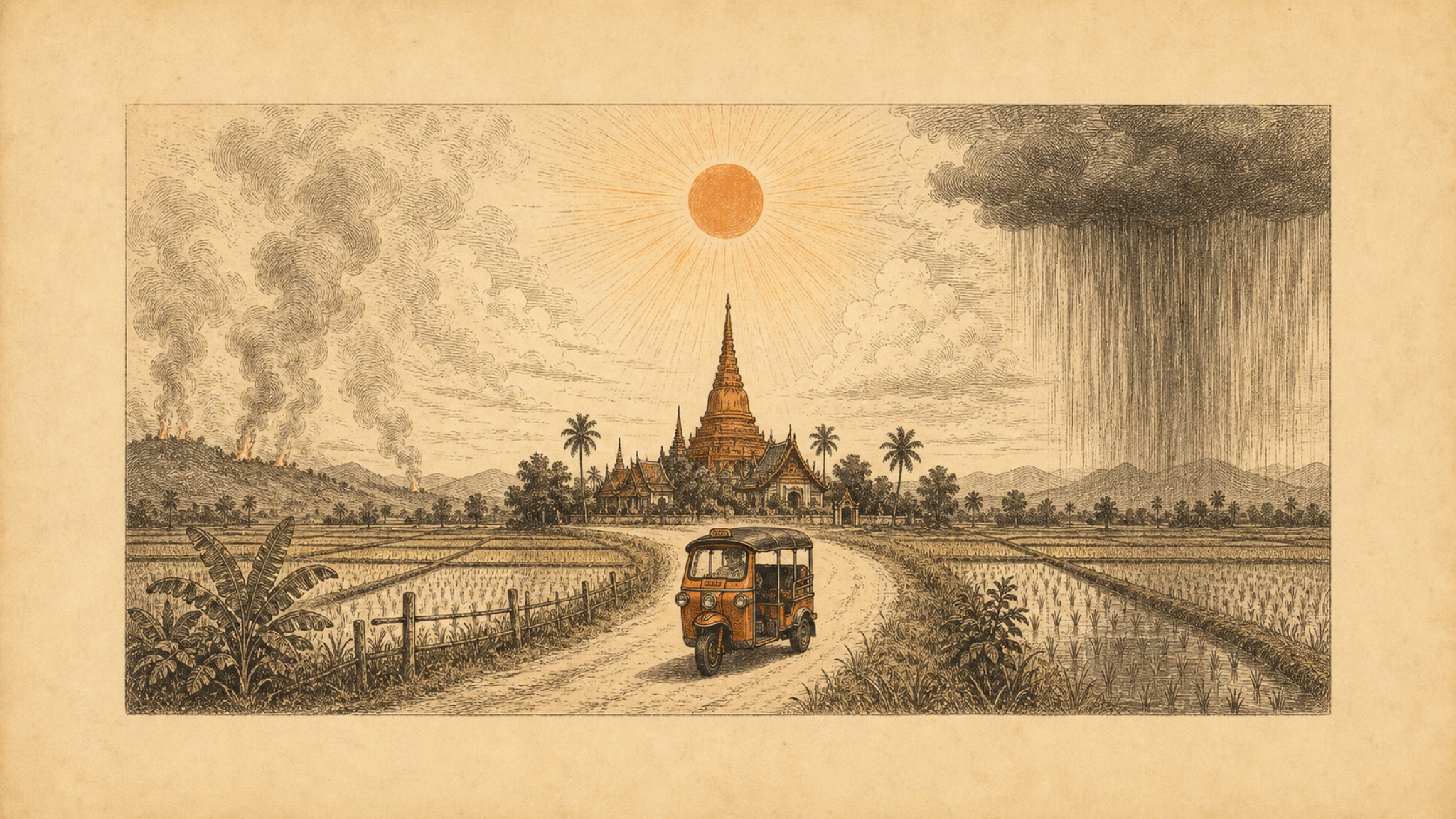 An etching of a golden Thai temple across rice paddies with the sky split between drifting hill-fire smoke on the left, a hot sun in the center, and a monsoon rain column on the right, a tuk-tuk driving through the clear middle