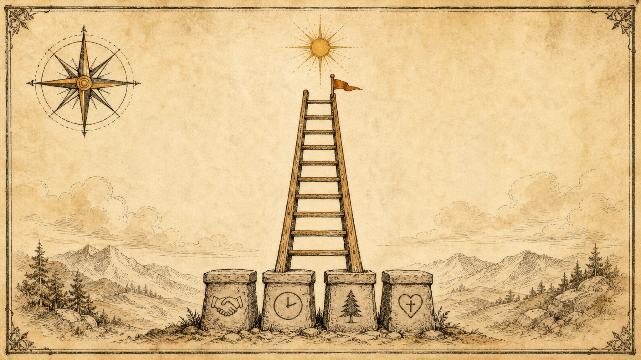 A vintage field-guide plate: a tall ladder reaching toward the sun rests on four stone foundation blocks carved with a handshake, a clock, a pine tree, and a heart-with-cross, showing the everyday factors that hold up a high happiness score.